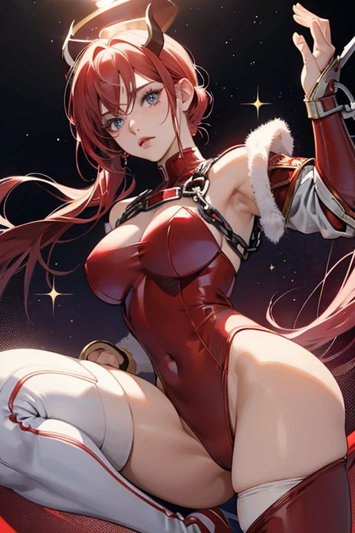 Her outfit consists of a red bodysuit that executes a blue star on a white circle with white stockings on her thighs. She wears red boots and gauntlets, with handcuffs minus the chains. Her appearance is a mixture of a succubus and a female wrestler. SPARKLE; GLITTER