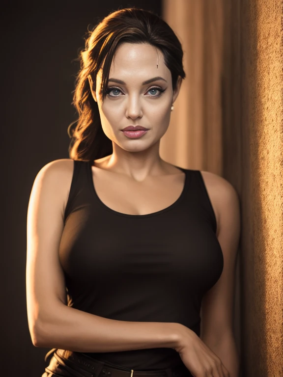 (masterpiece:1.2), (best quality,:1.2), 8k, HDR, ultra detailed, ((photorealistic)), professional light, cinematic lighting, sexy photography, ambient lighting, atmospheric effects, angl, Angelina Jolie as a Lara Croft, upper body shot, wearing tank top, magical temple, (perfect hands), epiCPhoto