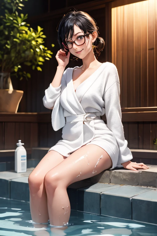 Woman, One, 18 Years old, Skinny, Pale skin, Small breasts, Rounded breasts, Skinny thighs, Seductive smirk, Cute face, Black hair, Malaysian, Short hair, Bangs, Glasses, Pajamas, Intricate clothes, Full body, Standing, Winter, Soft light, Masterpiece, Realism, Cinematic light, Hot tub, Blooming garden