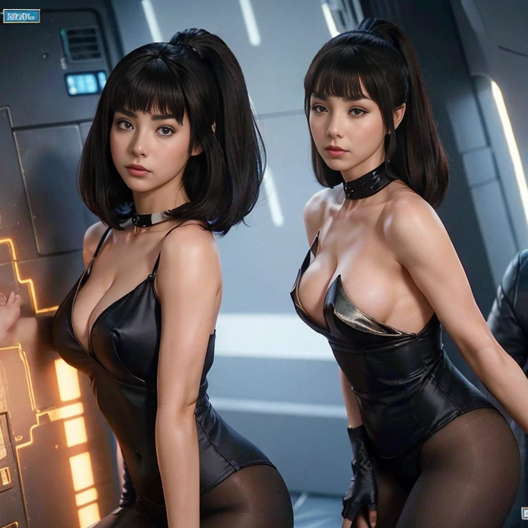 ((Top Quality、16K、masterpiece:1.3))、a tall and beautiful woman、Perfect Figure:1.4、(retro futuristic aesthetic) Slim Abs、vulcan girl (from star trek) solo, Brown short hair、60s hairstyle (with hair bangs)、long pointed ears, small eyebrows, No postural movement、Stand up straight、Huge bust、Highly detailed facial and skin texture、(A detailed eye, Symmetry Eyes, Clear realistic eyes, Double eyelidd、Cold-stricken face、Symmetrical face), very tanned brown skin (illuminated, realistic shading sound), goth makeup, Royal sisters full of fans、The Telegraph Esbian、peach buttocks、(black futuristic Dress, Very Tight Knit), cleavage, squart、(Raw foto:1.2)、((Photorealcitic:1.4))Top Quality、masterpiece、Real Photography、very delicate and beautiful.、super detailed CG、Unity、8K photo wallpaper、delicate detail、best qualtiy、Highly detailed CG unity 8k wallpaper、absurderes、Incredibly Absurd、huge file size、extremely highly detailed、Hight Resolution、ighly Details、Beautiful detail girl、extremely detailed eyes and face、beautiful delicate eyes、Facial light、cinematic lightings、(big hips, thick thighs, beautiful legs, black pantyhose) 1girll、see -through,Watch your audience, Plane Air, high ponytail、ulzzang-6500、The Telegraph Esbian, different poses at different angles,