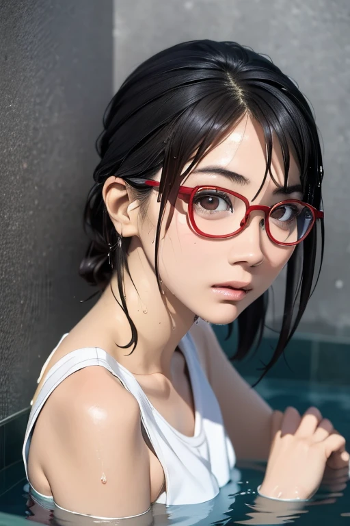 (masterpiece, highest quality), One Girl, Satou, Satou, Glasses, 赤いフレームのGlasses, A bath towel is wrapped around the body:1.8, Satou, Glasses, 赤いフレームのGlasses, hot spring,head to feet,hot springに入っている,Wet Hair,