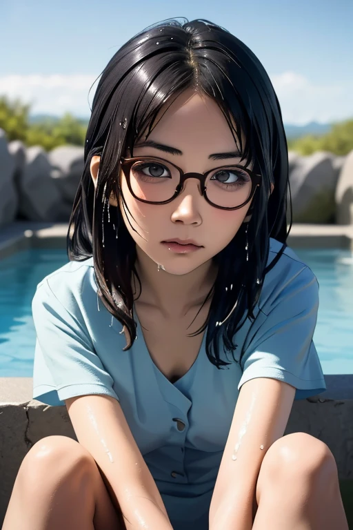 (masterpiece, highest quality), One Girl, Satou, Satou, Glasses, 赤いフレームのGlasses, A bath towel is wrapped around the body:1.8, Satou, Glasses, 赤いフレームのGlasses, hot spring,head to feet,hot springに入っている,Wet Hair,