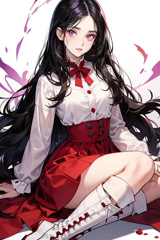 Mandy is a Caucasian girl with long black hair, violet eyes, a beauty mark under her left eye, and fair skin. Her primary outfit is a red dress under a white long sleeve button shirt and white boots. SPARKLE; GLITTER