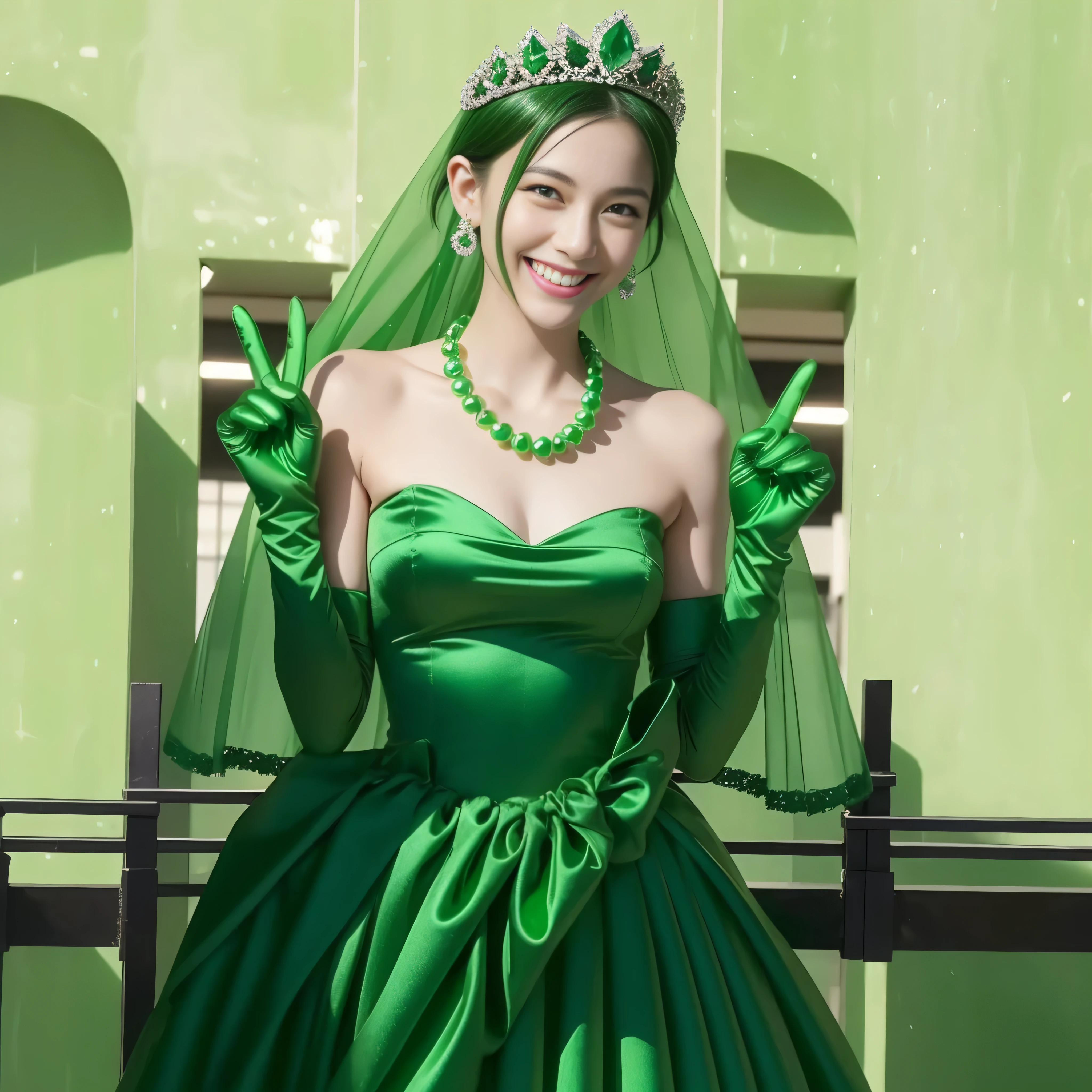 Emerald tiara, Green Pearl Necklace, Boyish very short green hair, lipstick, Smiling Japanese woman, Very short hair, Big tits beautiful, Green Eyes, Long green satin gloves, Green Eyes, v sign, Emerald Earrings, Green Veil