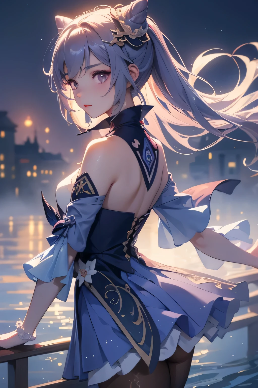 [keqingdef]:1.5,((masterpiece,highest quality,Highly detailed images,Beautiful images))1.4(keqing images、Water city of anime、Beautiful waterways、The wind is blowing、Overall dim lighting、Backlight、A fantastic atmosphere、Thick Fog、Dust flutters)1.3,(Close-up)1.1
