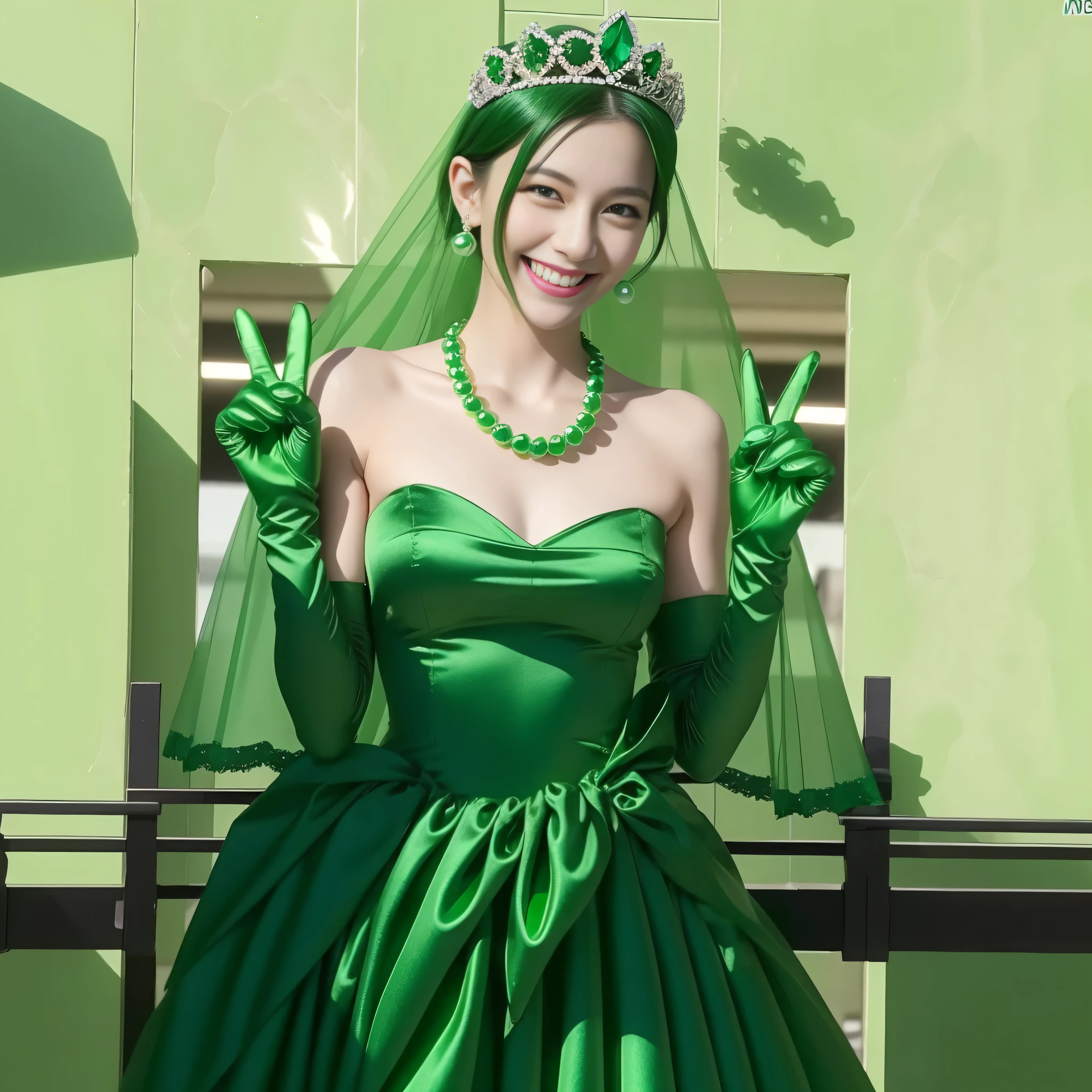 Emerald tiara, Green Pearl Necklace, Boyish very short green hair, lipstick, Smiling Japanese woman, Very short hair, Big tits beautiful, Green Eyes, Long green satin gloves, Green Eyes, v sign, Emerald Earrings, Green Veil
