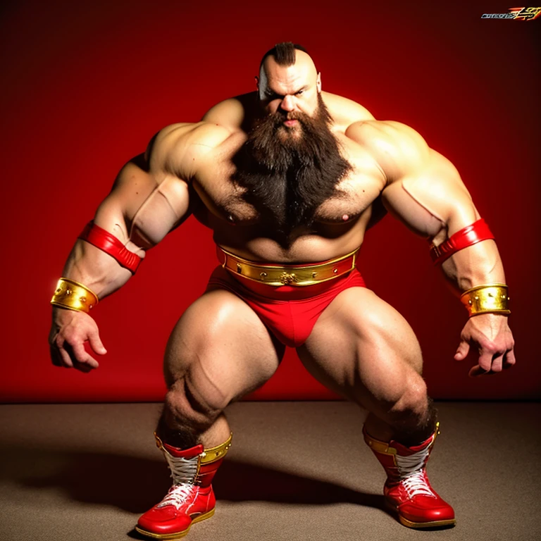 zangief,a man with a beard and a golden belt, fighting game character, street fighter 5,muscled humanoid,heavy looking,buff man,wrestler,Red short briefs,capcom,street fighter,shirtless,muscular male,chest hair,visually weighty,bearded man,mohawk hair,no wristband,Red Wrestling Boots,best quality