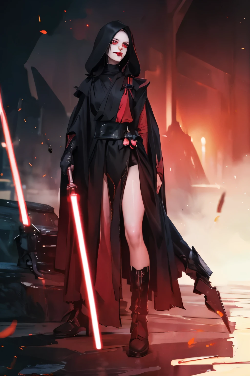 , 8k, ultra detailed, soft lighting, pmmkr2024, cartoon, best quality, trending on artstation,nice art,perfect art,nice detailed art,nice detailed body,nice detailed face,best quality, 8k, best quality, ultra-detailed,fantasy art , 8K, HD, 13 years old girl,darth,sith,evil,gloomy,red eyes,1lightsaber red,creepycute,pale skin,slender,???