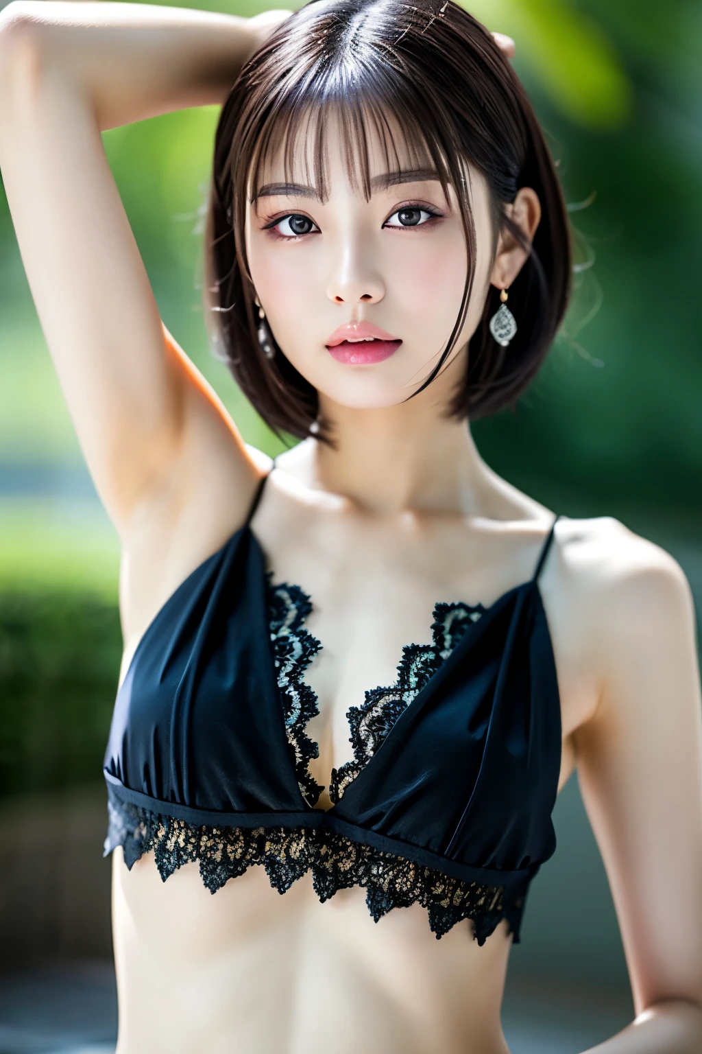 1 girl, (Bare armpits are visible:1.4)、(Standing facing the camera:1.5)、(Wearing only transparent lace on bare skin:1.6),(Small, flat chest:1.7)、 (Looking into the camera:1.5)、Beautiful Japanese actresses, 
Photogenic, Yukihime, Long eyelashes, Snowflake Earrings,
(RAW Photos, highest quality), (reality, reality的:1.4), (Flying debris), 
Beautiful details, Beautiful lip detail, Highly detailed eyes and face, 
BREAK is perfect anatomy, The whole body is thin, Small breasts, (short hair:1.3), Angel&#39;smile, 
Crystal Skin, Wake up, Capture the light