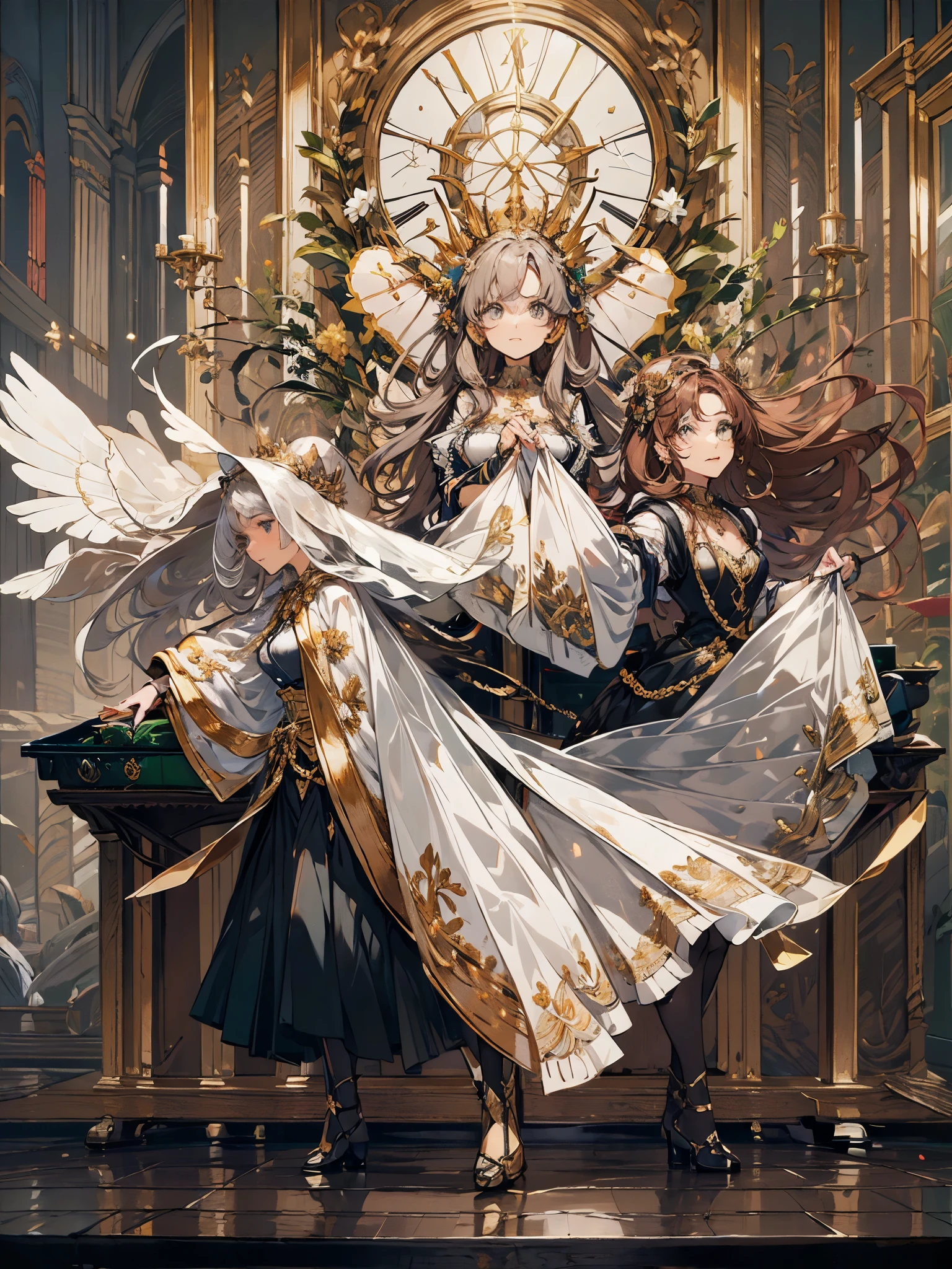 obra de arte, Excelente, (desk: 1.8), Desenho CG com detalhes super altos, standing, 1 royal sister, Nervoso, uma mulher com cabelo curto e bronzeado, vestido em camadas, hands crossed at the waist, Facing the public, illustration, panorama grande angular