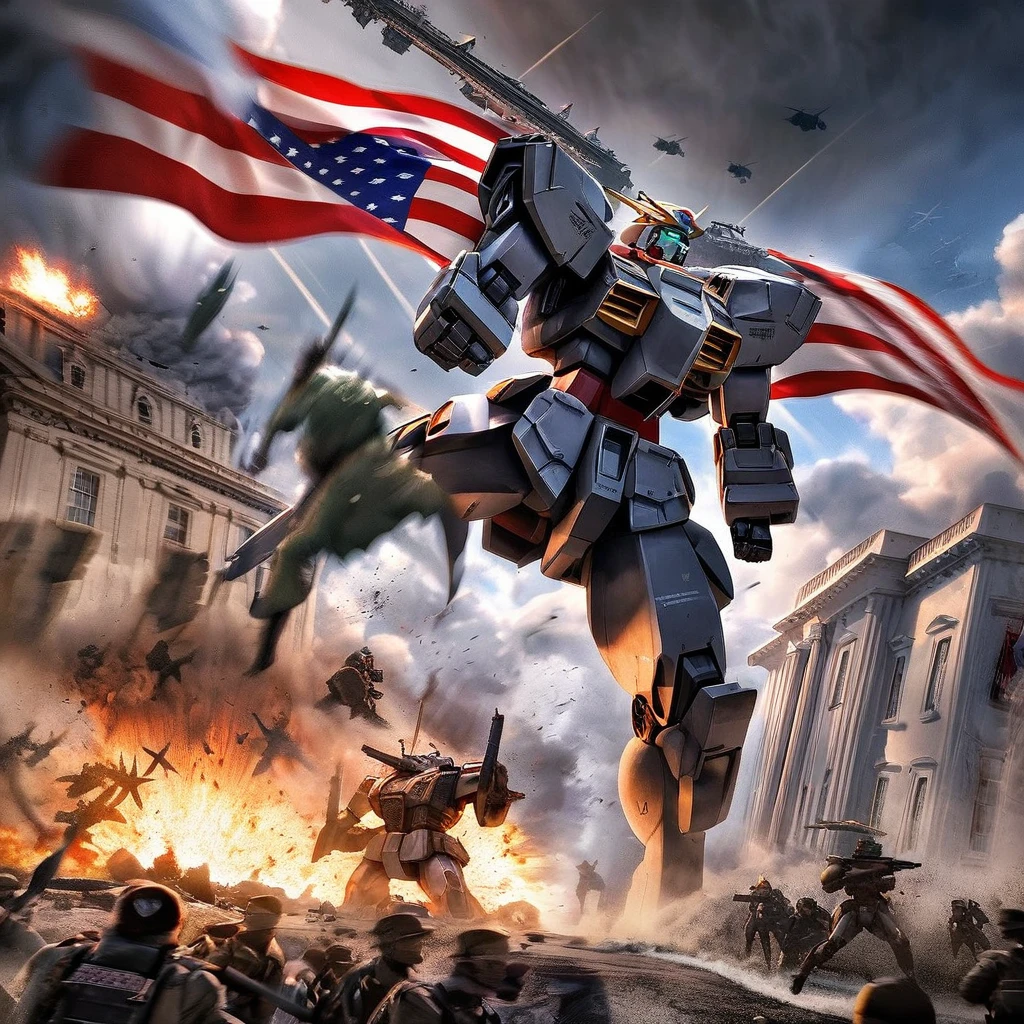 president Trump,white house,Gundam,military,piloting,liberating,democrat,rat bastards,strong,dominant,heroic,commanding,powerful,confident,ironclad,invincible,mecha suit,triumphant,battle,weaponry,ultimate showdown,explosions,action-packed,high-stakes,skyscraper,shattered windows,smoke-filled air,unyielding,resolute,courageous,fierce determination,unwavering,politics,leader,America,United States,patriotism,American flag,,independence,brave,triumph,contrasting colors,dramatic lighting,urban landscape,moving forward,victory,history-making,iconic image,,defending,landmark,grandiose,adrenaline rush,unstoppable,massive destruction,defiant,rising sun,reflections,dominating the sky,spectacular,monumental,awesome power,overwhelming force,military precision,bold maneuvers,striking silhouette,majestic presence,commander-in-chief,roaring engines,battleship,unstoppable force,ensuring a promising future,inspiring,awe-inspiring,engine rumbling,unforgiving,commanding attention,decisive,unshakable resolve,breathtaking scene,immersive,vibrant colors,pride,history-defining.