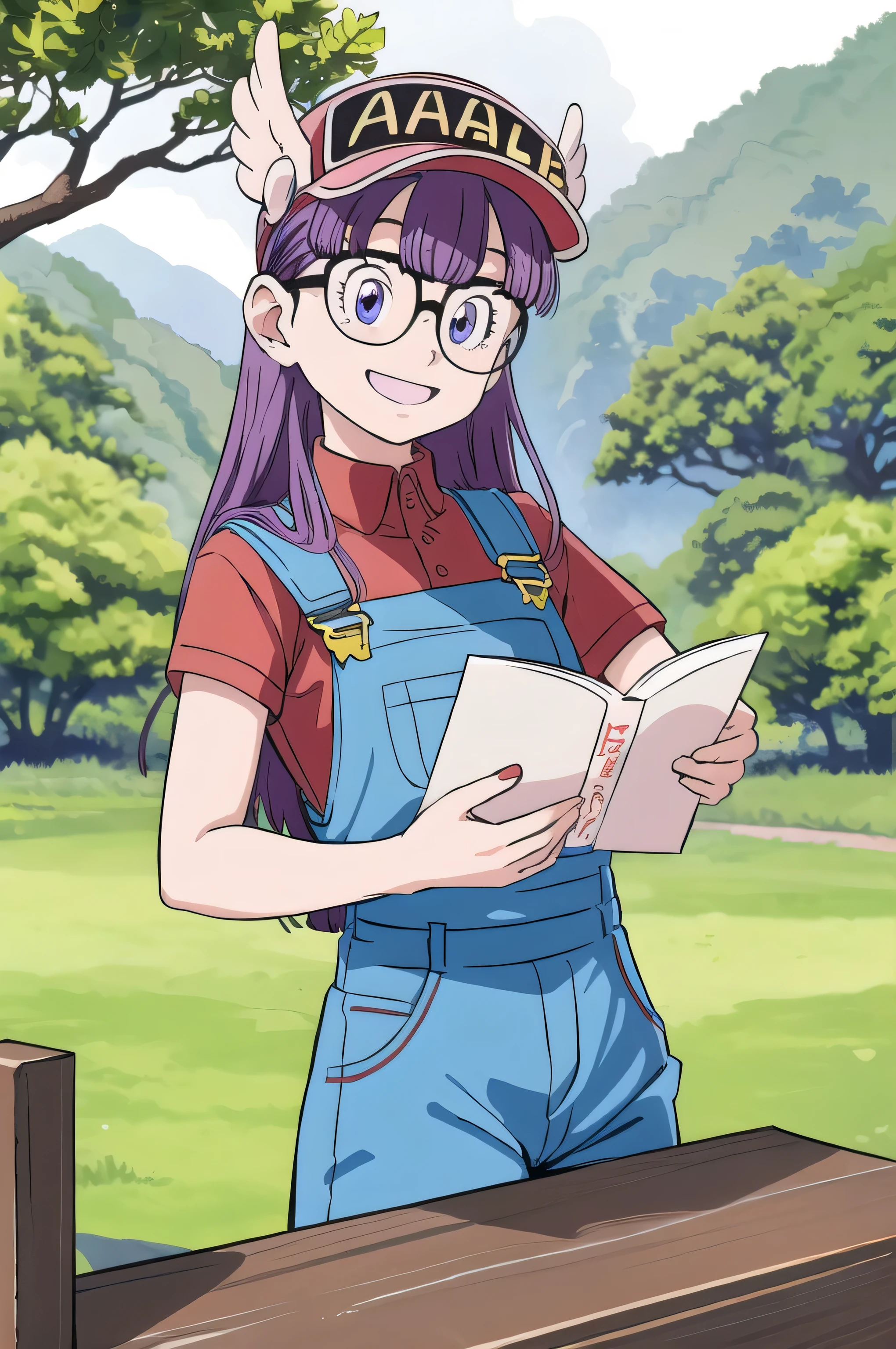 (masterpiece, highest quality;1.3), Super detailed, One girl, alone, Arale, Glasses, blue eyes, Long Hair,Purple Hair, Short sleeve, Wing Hat, Wing Cap, Red Shirt, Blue Overalls, (have、Tree branches、Stuck in a roll of feces)、
smile,Cheerful pose, refer to４Bookの中に親refer to１Book, (Gravel road、Village Background)、