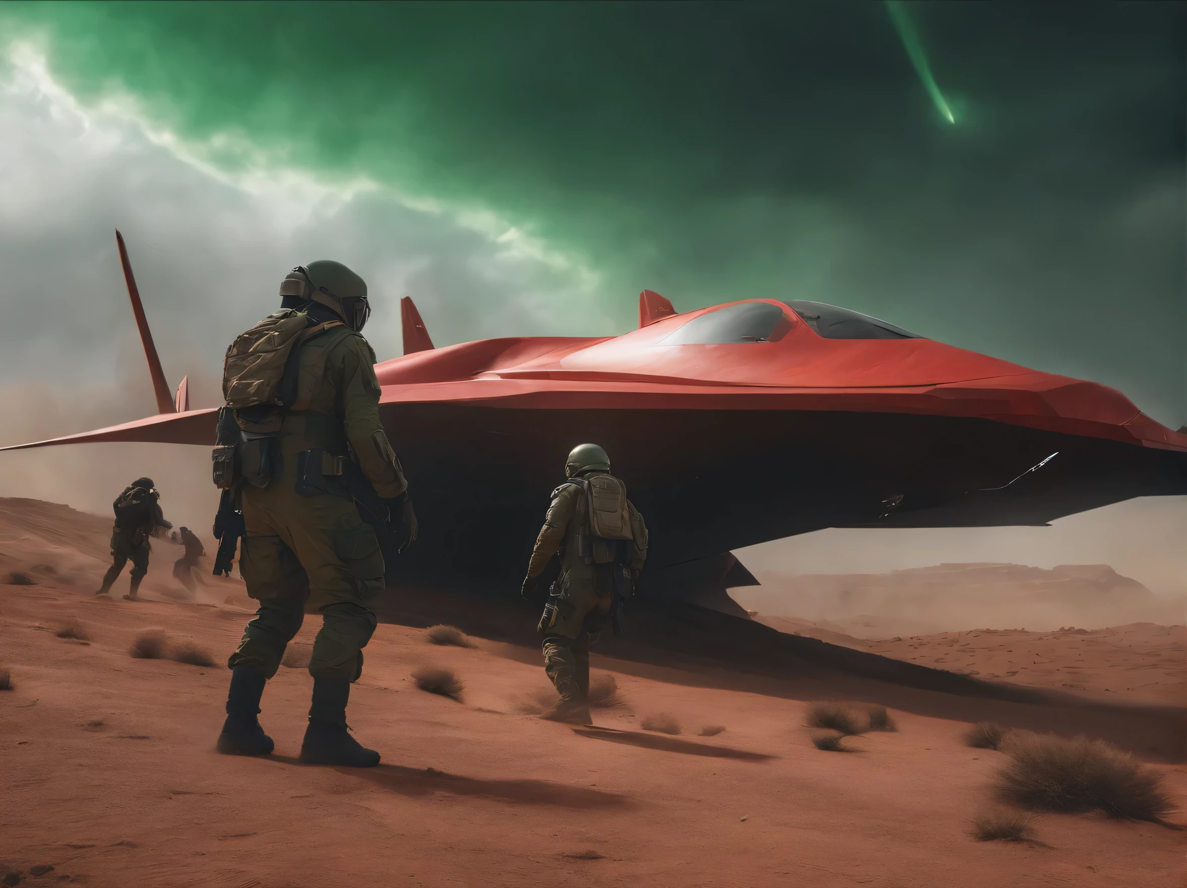 several soldiers in tight black suits flying on a red delta wing, they flight over a post apocalyptic desert, there are field of translucent green mineral crystals coming out of the earth, greenish haze, dark sky, image in dark colors, 4k , ultra detailed image, realistic, very detailed, perfect composition, splendid, intricately detailed, incredibly detailed, art photography 8k, hyper detailed, Masterpiece, ultra detailed, hyper realistic, 4k, ultra detailed image, realistic, highly detailed, perfect composition, splendid, intricately detailed, incredibly detailed, Artistic photography in 8k, hyper detailed