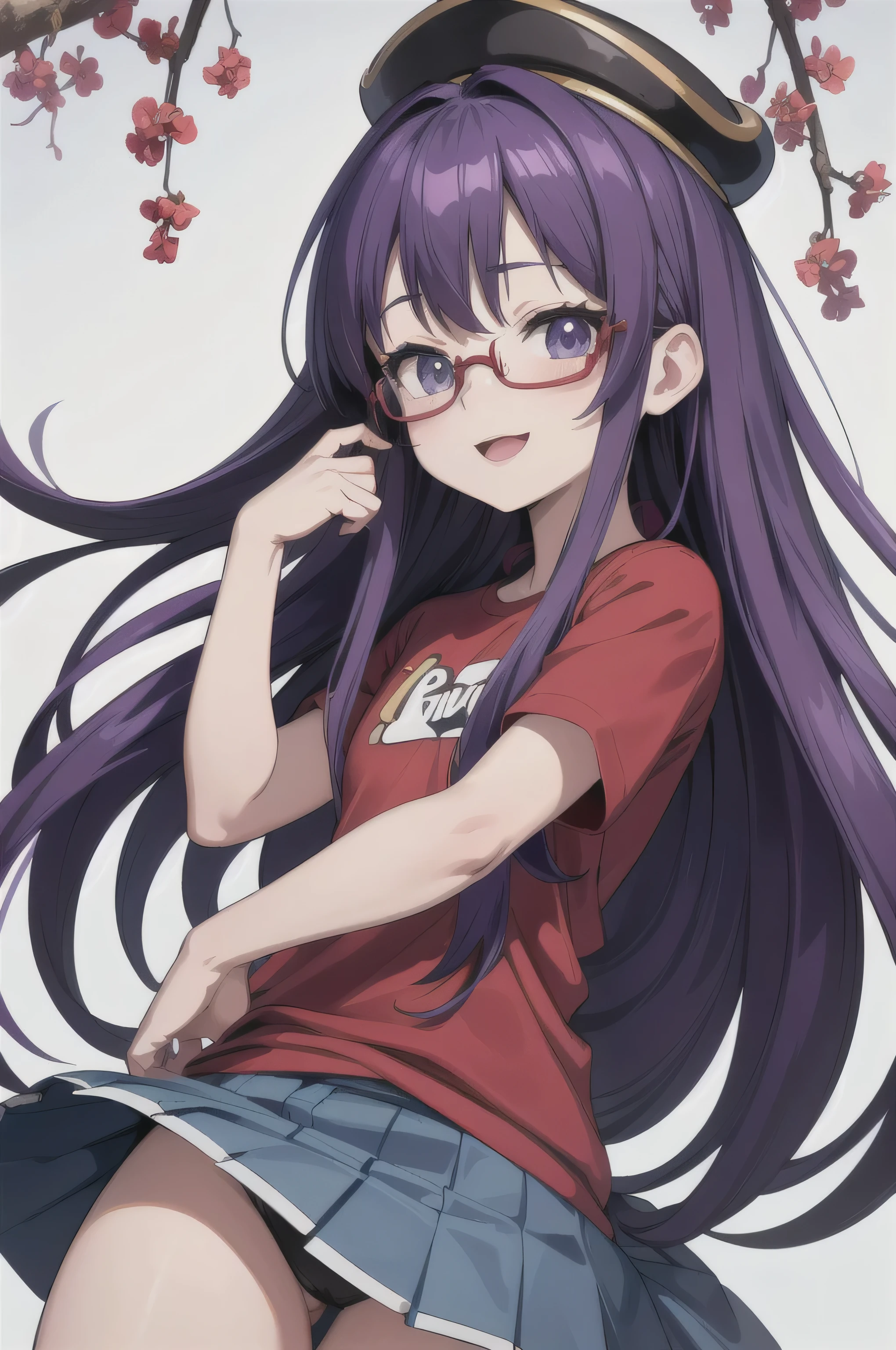 (masterpiece, highest quality, 16kAnime image quality, High resolution, Anime Style, Clean brush strokes, Very detailed, Perfect Anatomy), 1 person, alone,(Arale), cute, Young face, A big smile、Extremely detailed eyes、Blue Eyes, 、Glasses、Wing Hat、Wing Cap、(Purple Hair、Long Hair、Straight)、Tabletop, (Penetration: 1.2),((Red Shirt, Short sleeve)), (have、Tree branches、Stuck in a roll of feces)、Child's body, (A chunky body)、((Blue overall pants、Jeans)), Cheerful pose, refer to4Bookの中に親refer to1Book, (Gravel road、Village Background)、
