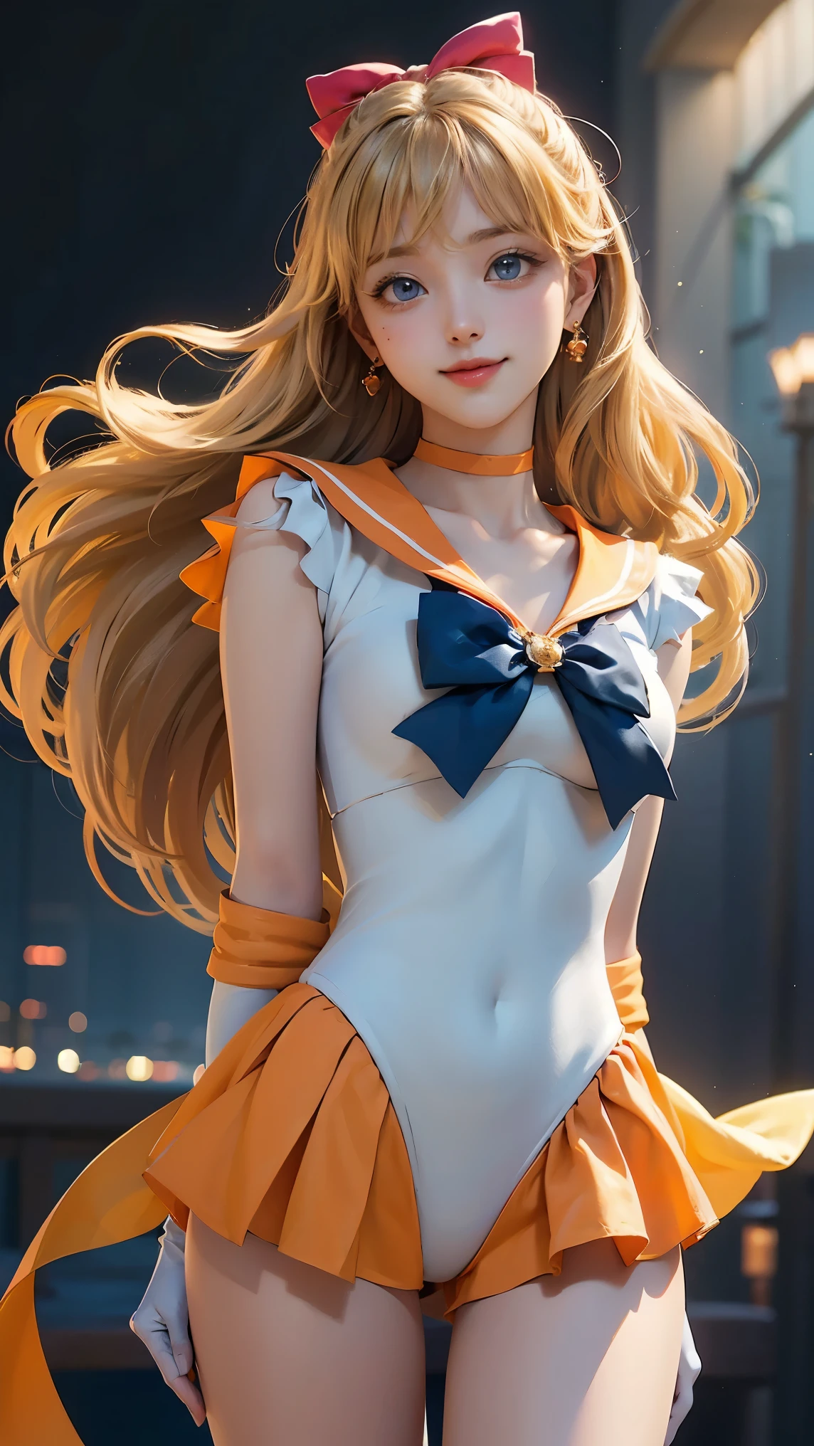 (masterpiece), (best quality), (ultra detailed),(illustration), (1girl),looking at viewer, (interview),beautiful detailed eyes, delicate beautiful face, Floating,(high saturation),(shining), sv1, Venus 1, Sailor Senshi Uniform, Sailor Venus, Minako Aino, Blonde Hair, Magical Girl, Blue Eyes, Elbow Gloves, Tiara, leotard, Hair Ribbon, Orange Sailor Color, Choker, Red Bow, Orange Choker, White Gloves, Very Long Hair, jewelry, earrings, smile, thigh