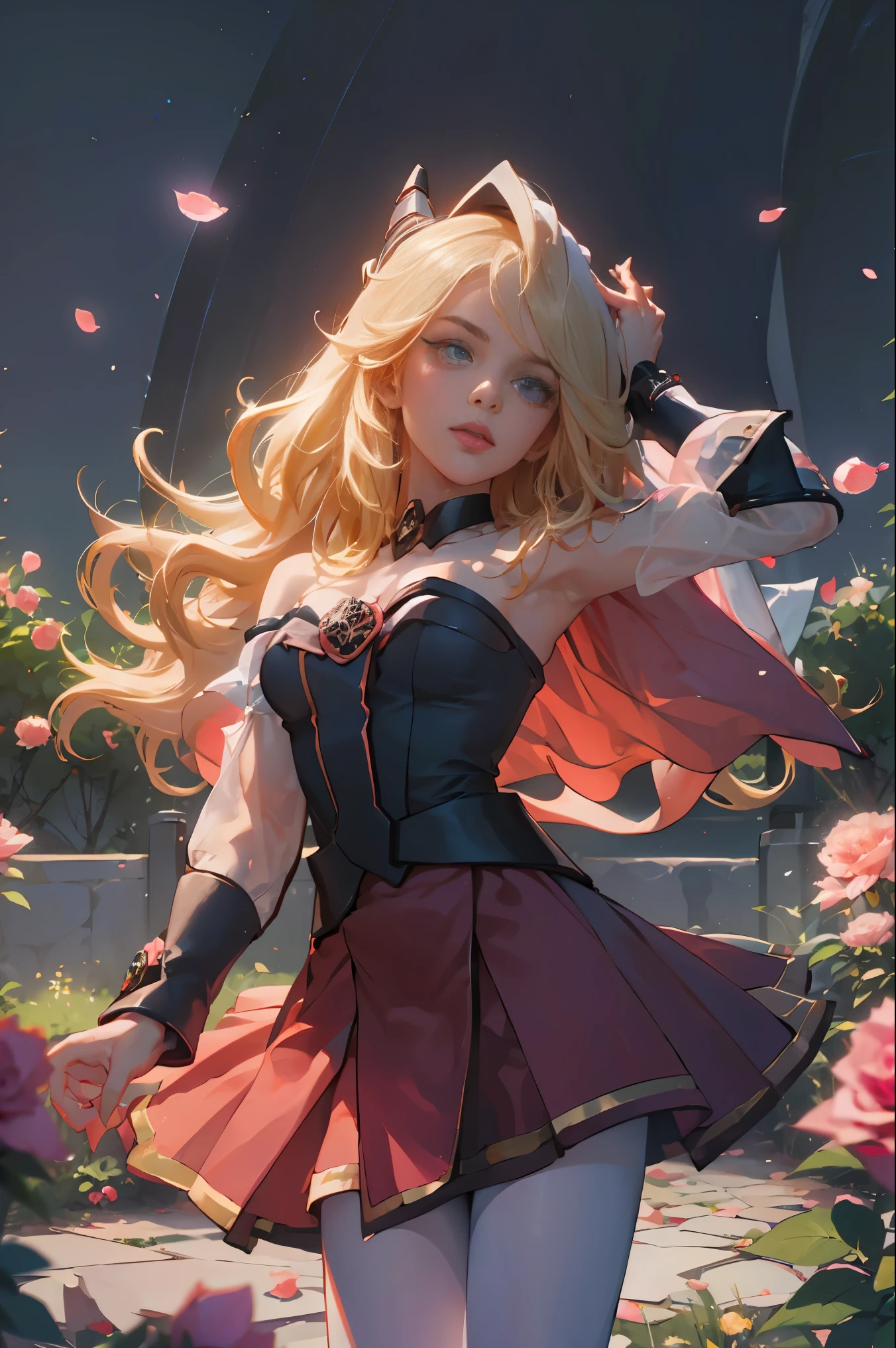 Hermosa dark magician gils. Joven con cabello corto y rubia. Ojos verdes. Labios rosados. She is in a garden of red roses.. Rosas rojas la rodean. Pose y inocente. Fondo de rosas rojas y lluvia