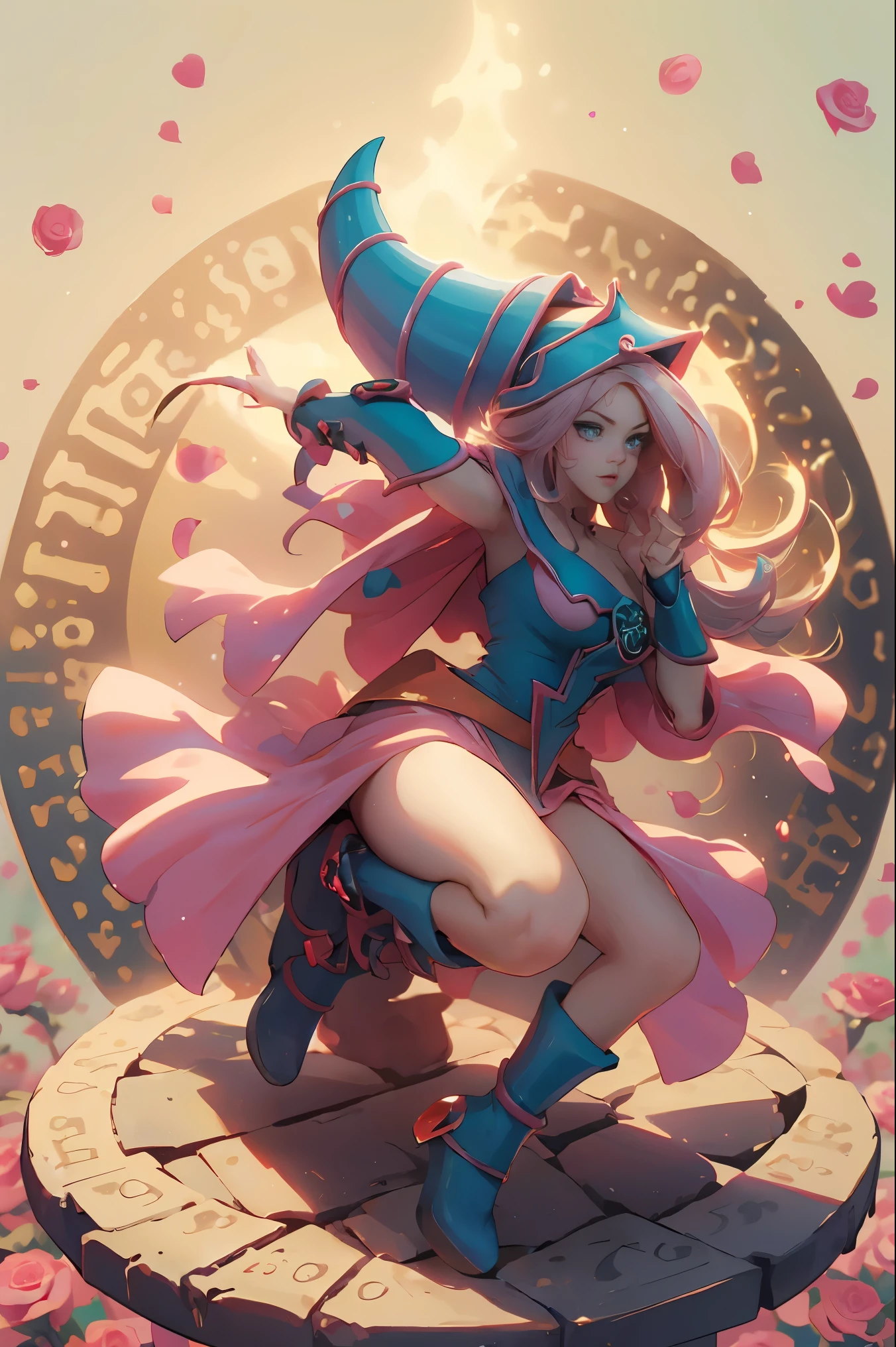 Hermosa dark magician gils. Joven con cabello corto y rubia. Ojos verdes. Labios rosados. She is in a garden of red roses.. Rosas rojas la rodean. Pose  y inocente. Fondo de rosas rojas y lluvia 