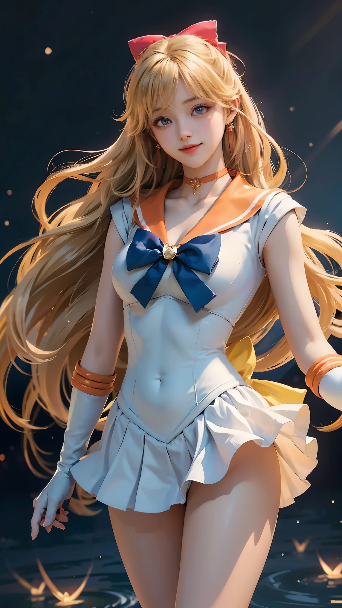 (masterpiece), (best quality), (ultra detailed),(illustration), (1girl),looking at viewer, (interview),beautiful detailed eyes, delicate beautiful face, Floating,(high saturation),(shining), sv1, Venus 1, Sailor Senshi Uniform, Sailor Venus, Minako Aino, Blonde Hair, Magical Girl, Blue Eyes, Elbow Gloves, Tiara, leotard, Hair Ribbon, Orange Sailor Color, Choker, Red Bow, Orange Choker, White Gloves, Very Long Hair, jewelry, earrings, smile, thigh