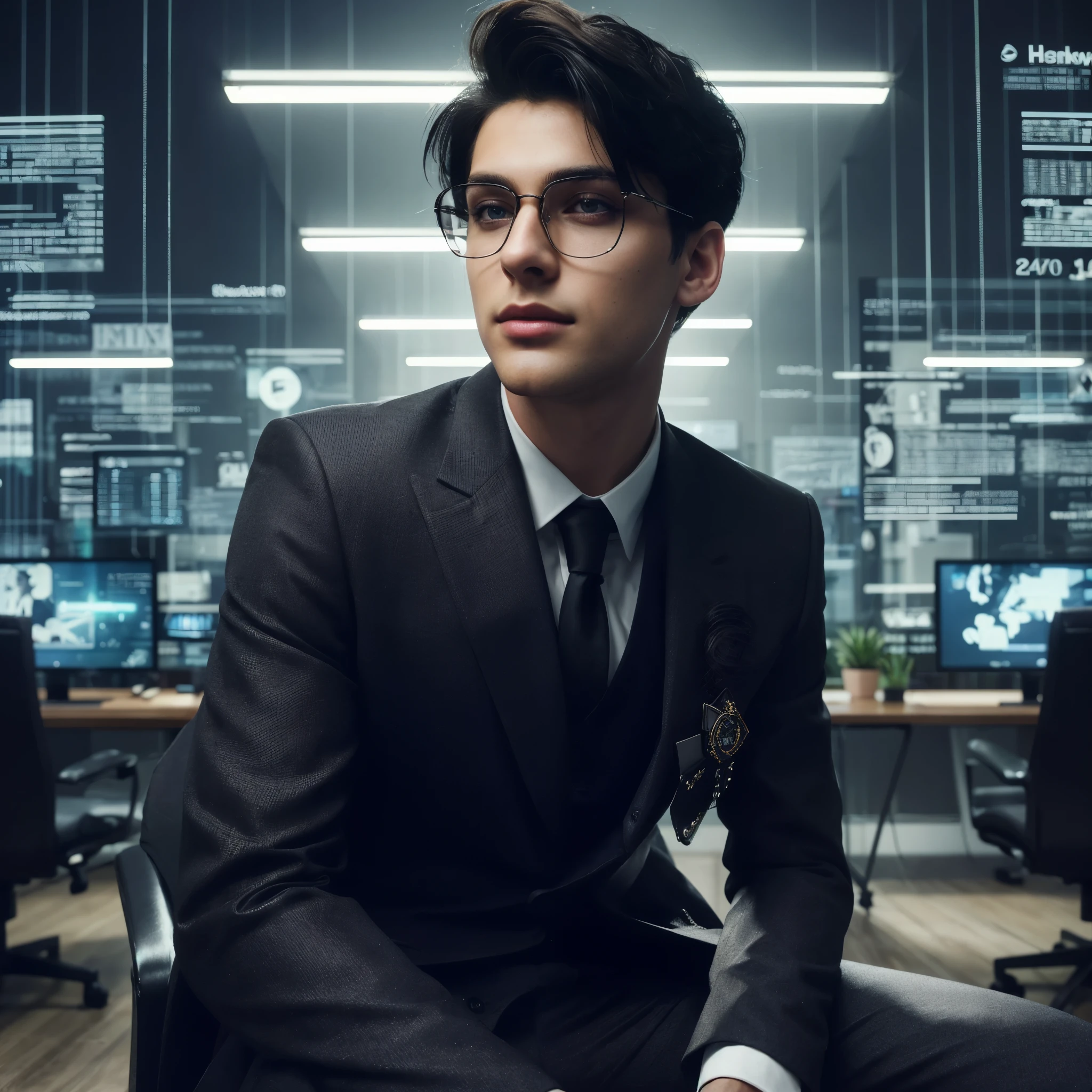 A photorealistic handsome 23-year-old man with extraordinary appearance, trendy short black hair, wearing a luxurious business suit, professional makeup, well-highlighted face, resembling a Hollywood actress, hacker office room background with strange lighting, resembles photo Sony 7000D, dramatic lighting, high definition, depth of field