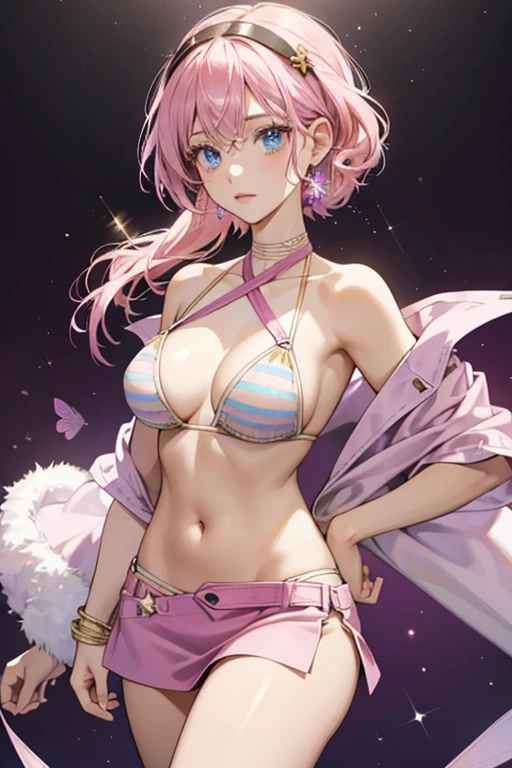 pink hair with bangs brushed to the right, and blue eyes. She has purple bobby pins, 2 on each side holding back stray hair, long purple earrings, a thick white beaded bracelet on one wrist and a gold one on the other. Her outfit is a white with thin black strips bikini top, a matching miniskirt that has cut straps, and pink gladiator sandals. SPARKLE; GLITTER