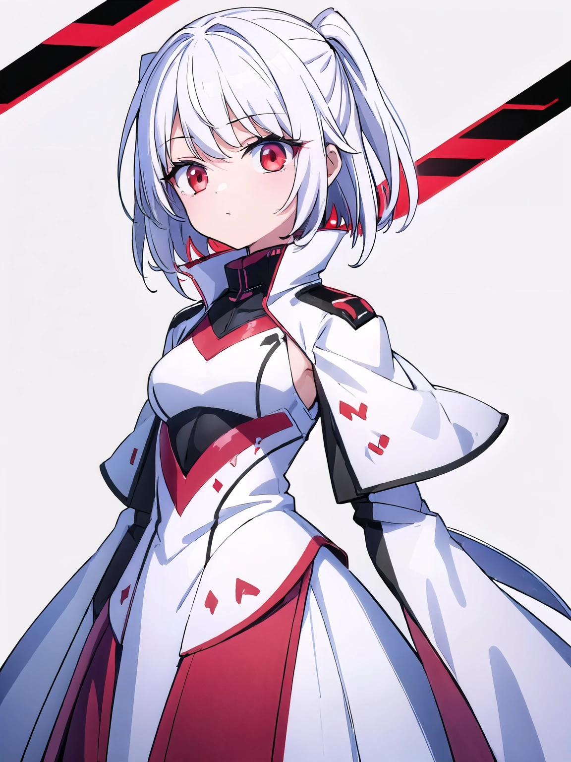 (girl red eyes white hair), (sci-fi:1.1),(black color guard suit), (white background:1.5)