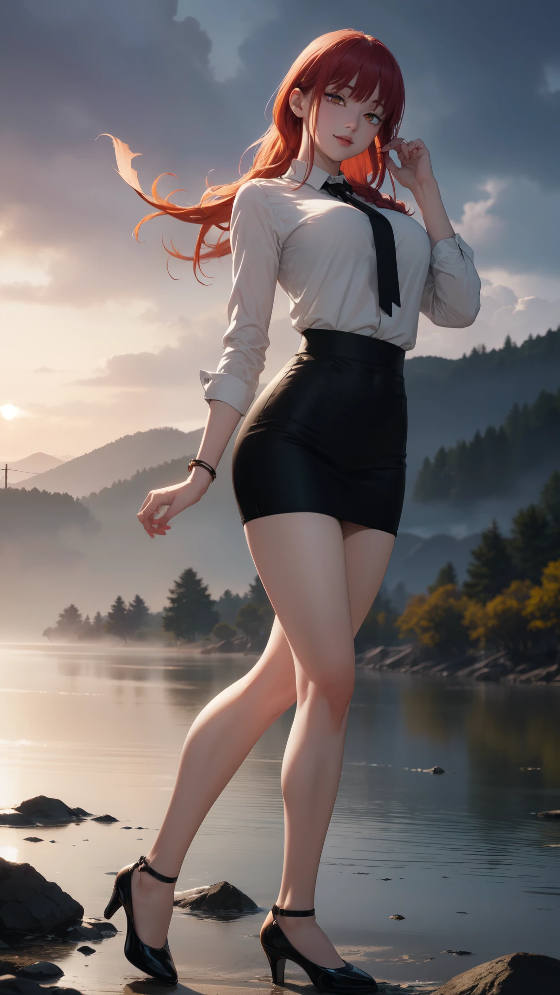 ((masterpiece, Best Quality, high resolution, Perfect Pixel, 8K))), 1 girl、medium thighs、full body seen、 ((Red gorgeous hairs))、(( Beautiful eyelashes、Realistic eyes))、 ((Detailed face, Blushing:1.2))、((Smooth texture:0.75, Realistic texture:0.65, Photorealistic:1.1, Anime CG style))、Dynamic Angle、(Wearing White shirt、Black formal pant、Black tie、Standing on a river stream、Looking somewhere for poses、beautiful river stream、beautiful fog appearance、river stream、beautiful mountains、Beautiful lightening、perfect posing、wind breeze、hands on her hairs waving、wavy hairs、walking forward)、Perfect realistic representation of face、seducing look at viewer、medium breasts、beautiful portrait、very High quality、slim figure、ultra high definition、 insanely detailed face、ultra high quality、ultra high clarity、best quality)、insanely detailed dress、realistic representation of a face、beautiful curvious body、Black formal shoes、white skin、best image quality、best clarity、 highest resolution、8k resolution、ultra high resolution、beautiful smile、beautiful eyelashes、Gorgeous face、gorgeous representation of a face、perfect body、erotic face、dynamic lightning、shiny skin、bokeh:1.2、Full body shot、professional photograph