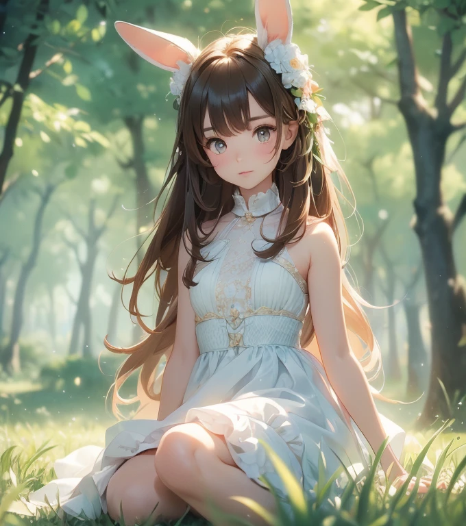 high resolution, super detailed, small girl, rabbit girl, cute look, funny, soft smile, dress, sitted on grass, in a peaceful forest., trees, small rabbits, relaxing, soft ilumination