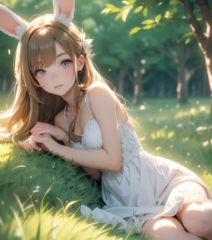 high resolution, super detailed, small girl, rabbit girl, cute look, funny, soft smile, dress, sitted on grass, in a peaceful forest., trees, small rabbits, relaxing, soft ilumination