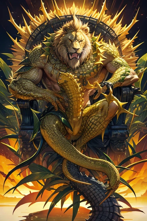 crocodile with yellow scales, lion's mane with thorns on the body