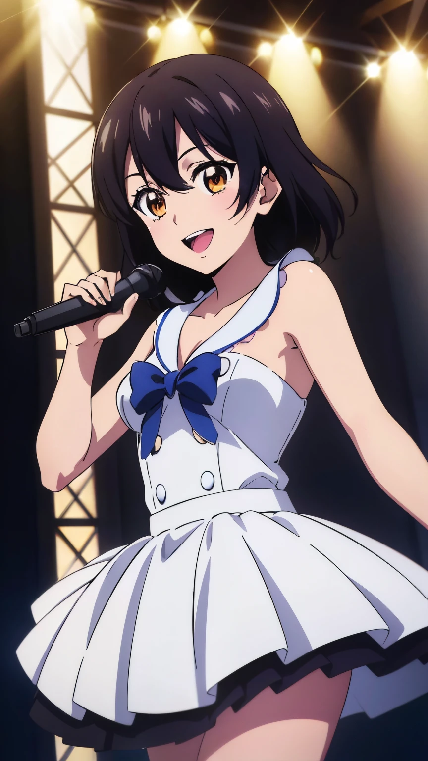 (highest quality, 8k, High resolution, masterpiece:1.2), Anime art style, Hyper Detail, himeragi yukina, Brown eye, Black Hair, Hair between the eyes, Medium Hair, 1 girl, Perfect Face, eye_Light_big,Small medium breast, Soft impression, alone, (Idol Costumes, Idol Dress, Idol Stage, microphone, smile, sing, Open your mouth), Cowboy Shot,Observe the audience,