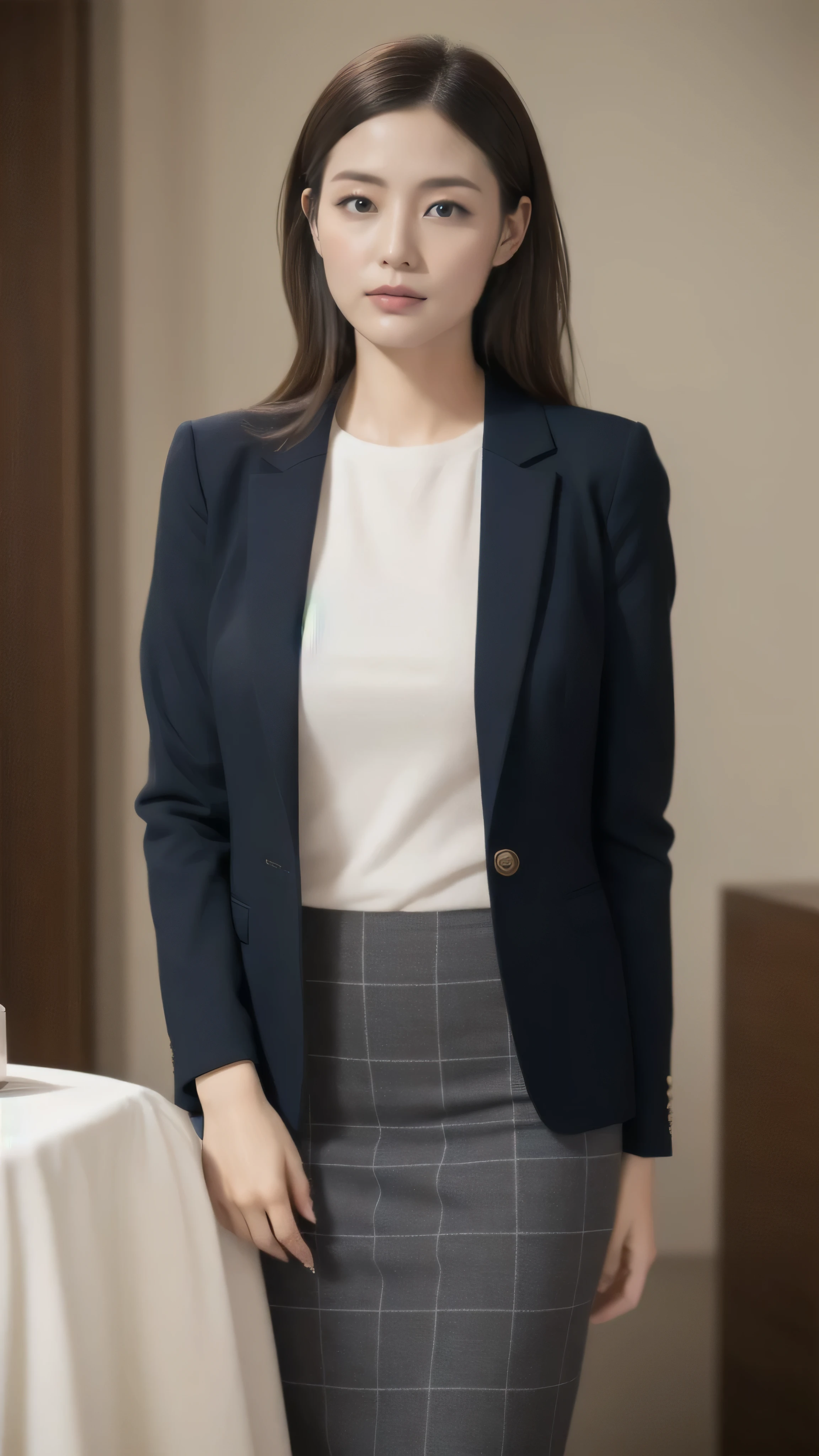 Married Woman's Face、30 years old、Middle-aged women、Business jacket、skirt、High quality、Ultra-realistic、fine、Lonely look、Married woman&#39;s body type、Japanese Wife、 Perfect Eyes、Radiant Skin、Business district