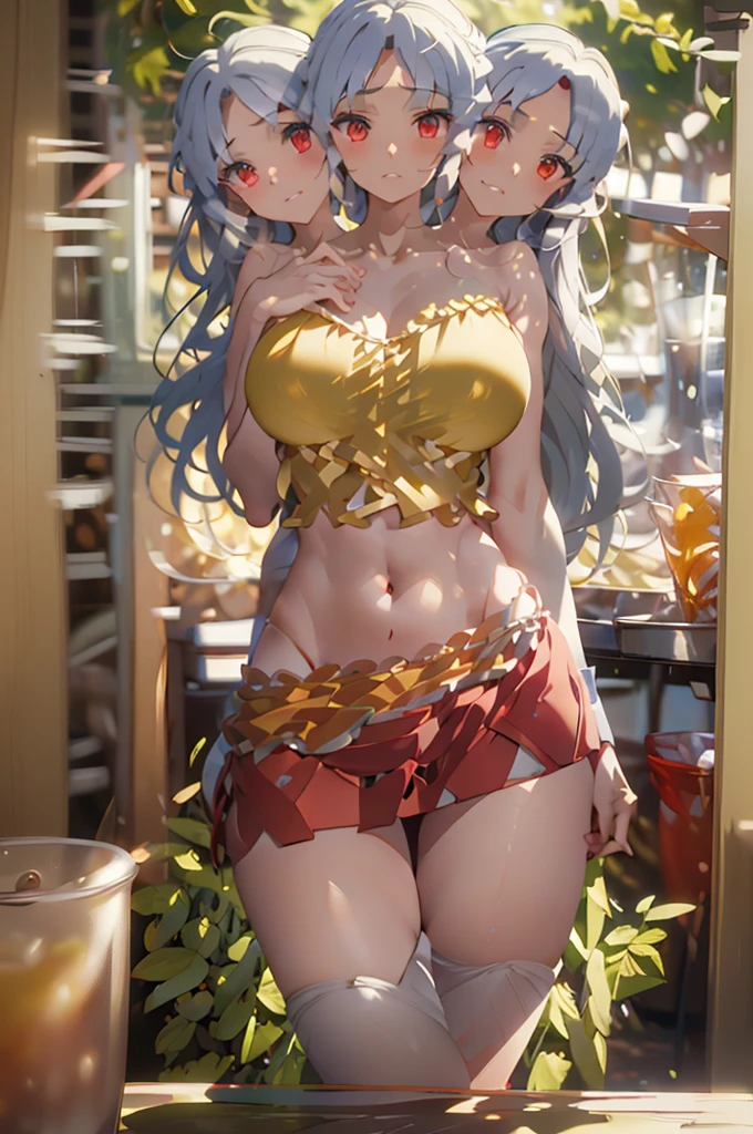 (masterpiece, best quality), best quality, (ultra-detailed), (3heads:1.5), 1girl, (nemuno sakata:1.3), masterpiece, best quality, ultra quality, ultra resolution, ultra detail, yellow/gold and orange top, crop top, ((stomach)), midriff, ((groin)), red skirt, normal ears, shackles, waist-length grey hair, very long hair, wavy hair, sidelocks, red eyes, very detailed eyes, parted lips, sweat, cute, open belly, toned belly, hand on own chest, eyelashes, (24 year old woman:1.3), (masterpiece:1.5), (best quality:1.5), (beautiful detailed extremely detailed CG, extremely delicate and beautiful, depth of field, (finely detailed face), (perfect details:1.2), (mature female:1.4), wide pelvis, slender, large veiny breast, 16k resolution, highres, very high quality, very high definition, extremely detailed, masterpiece, waist-length grey hair, long hair, alluring presence, braid, short skirt, close up, big , young,