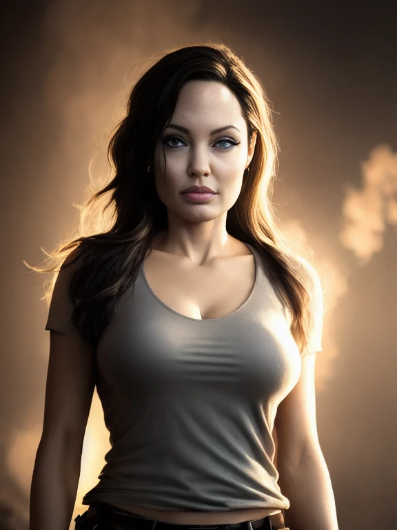 (masterpiece:1.2), (best quality,:1.2), 8k, HDR, ultra detailed, ((photorealistic)), professional light, cinematic lighting, sexy photography, ambient lighting, atmospheric effects, angl, Angelina Jolie as a Lara Croft, upper body shot, wearing tank top, magical temple, (perfect hands), epiCPhoto