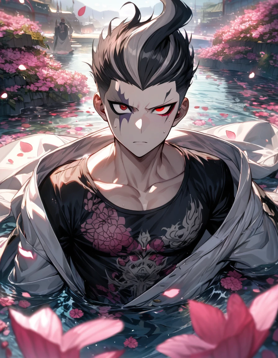Ultra detailed, Highres, absurdres, HDR, Tanaka Gundham, black hair, heterochromia, expressive right red eye, expressive gray left eye, white long coat with patterns, Danganronpa, pink flowers, petals, handsome, sexy man, solo, very detailed eyes and face, water, pink butterflies, black tight t-shirt, master piece, toned chest,