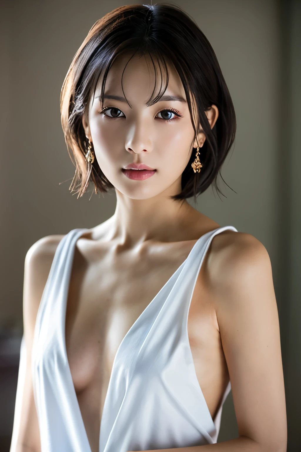 1 girl, (Bare armpits are visible:1.4)、(Standing facing the camera:1.5)、(Wrap the cloth around your bare chest only:1.6),(Small, flat chest:1.7)、 (Looking into the camera:1.5)、Beautiful Japanese actresses, 
Photogenic, Yukihime, Long eyelashes, Snowflake Earrings,
(RAW Photos, highest quality), (reality, reality的:1.4), (Flying debris), 
Beautiful details, Beautiful lip detail, Highly detailed eyes and face, 
BREAK is perfect anatomy, The whole body is thin, Small breasts, (short hair:1.3), Angel&#39;smile, 
Crystal Skin, Wake up, Capture the light