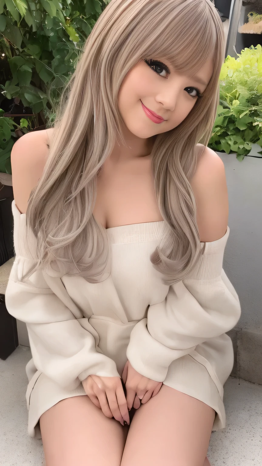 Browsing Caution、throw、Photorealistic perfect body、super high quality、Ultra HD、Japanese、15 years old、(lolita girl:1.5)、、(White off-shoulder:1.3)、(Denim mini skirt:1.1)、bow tie、(Accentuate your thighs:1.5)、、(smile:1.2)、blonde、(Bumpy Hair/Bouffant/big Bouffant:1.2)、、(Gal-style dense shadow eyeliner:1.2)、(Long False Eyelashes:1.2)、Gal-style makeup、 、、、、 Cowboy Shot、Looking at the camera、garden、、
