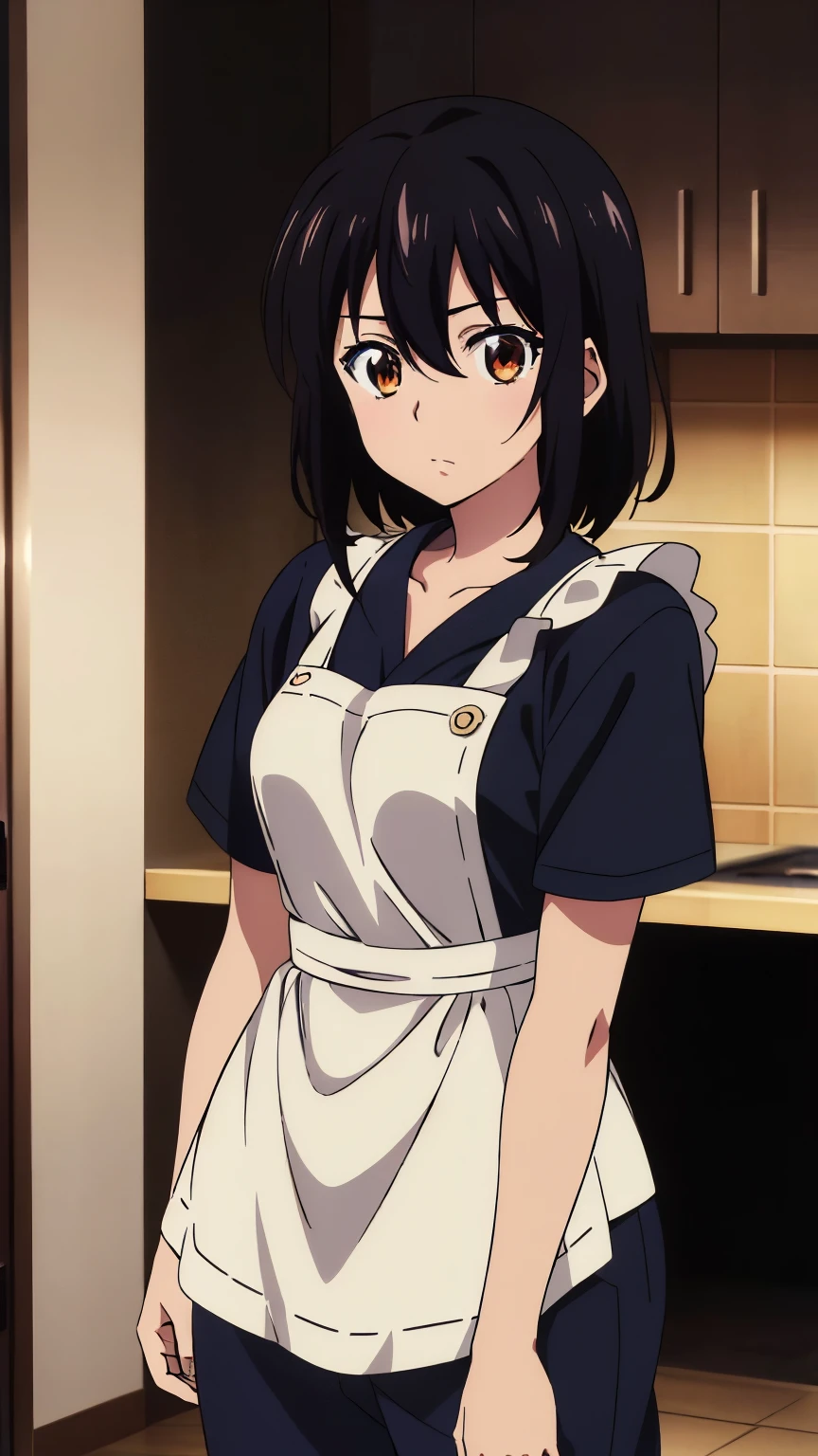 (highest quality, 8k, High resolution, masterpiece:1.2), Anime art style, Hyper Detail, himeragi yukina, Brown eye, Black Hair, Hair between the eyes, Medium Hair, 1 girl, Perfect Face, eye_Light_big,Small medium breast, Soft impression, alone, (inner,apron,pants,kitchen), Cowboy Shot,Observe the audience,