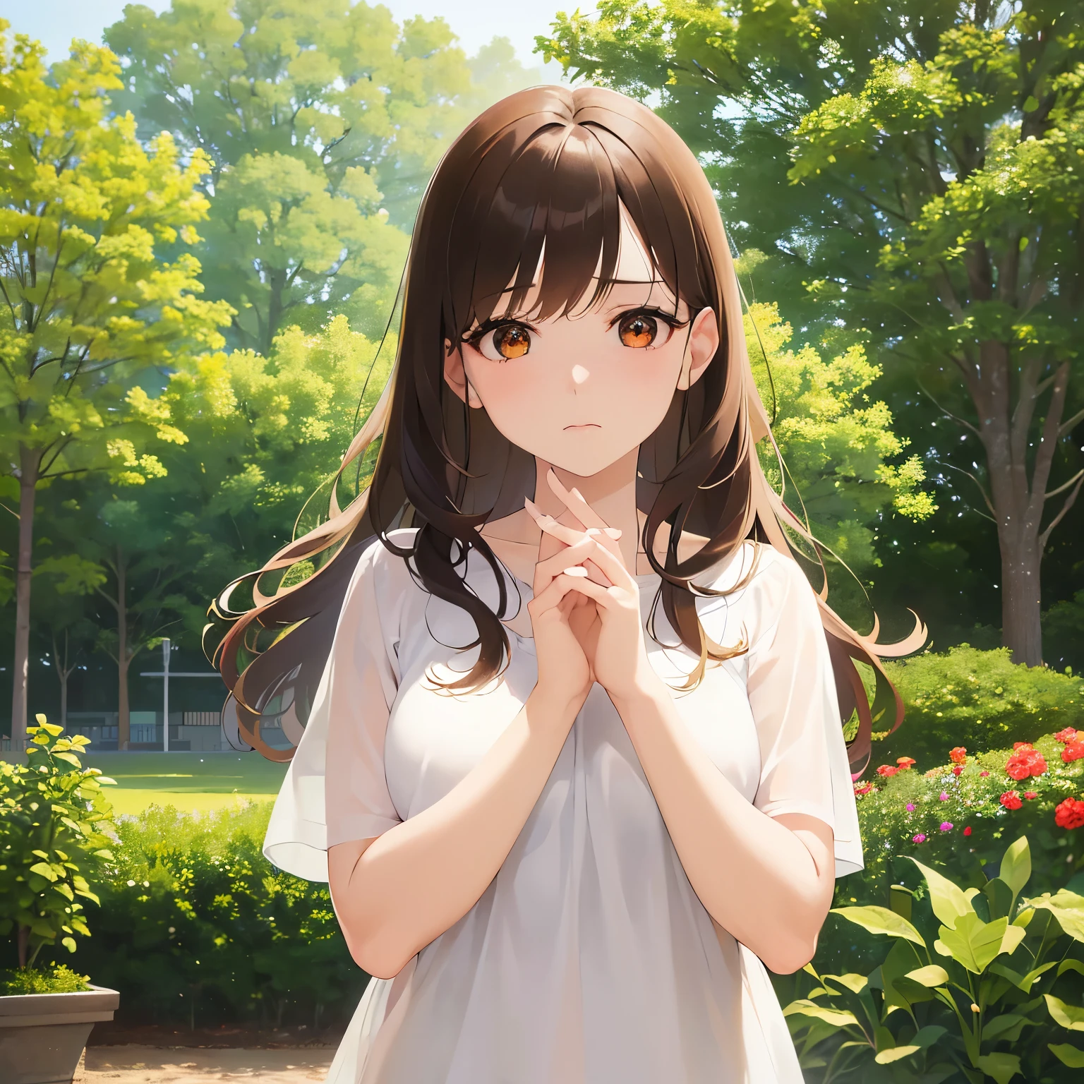 ultra quality, ultra highres, ultra detailed, high quality、Masterpiece、Shooting from above、Hands clasped、looking up, Upper body, Realistic, real person, (pale skin: 1.2), RAW photo, photorealistic, shiny skin, shiny hair、(25 year old woman with bangs) and (wavy hair) and (brown hair) and (orange eyes) , (White T-shirt) and (Floral patterns)、(sad:1.3), The background is a park、Alone、Are standing
