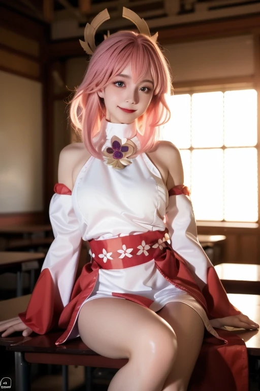yae_miko, 1girl, bare_shoulders, breasts, detached_sleeves, jewelry, lips, long_hair, long_sleeves, looking_at_viewer, pink_hair, sash, sitting, solo, wide_sleeves,
Charming eyes, smile,
Sitting on the chair, sunlight, Autumn,
masterpiece, best quality,
RAW photo, 8k, 4k, (intricate details:1.0), (ultra detailed:1.0), (depth of field:1.0), (blurry background:1.0), (classroom:1.1), (spotlight effect:1.0), (light from the front:1.0), (fair skin:1.0), (super detailed skin:1.0), (clear translucent skin:1.0), (perfect body:1.0), (skinny,:1.0), (curvy body:1.0), (face:1.0), (sensual:1.0),