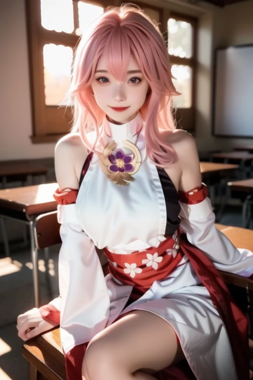 yae_miko, 1girl, bare_shoulders, breasts, detached_sleeves, jewelry, lips, long_hair, long_sleeves, looking_at_viewer, pink_hair, sash, sitting, solo, wide_sleeves,
Charming eyes, smile,
Sitting on the chair, sunlight, Autumn,
masterpiece, best quality,
RAW photo, 8k, 4k, (intricate details:1.0), (ultra detailed:1.0), (depth of field:1.0), (blurry background:1.0), (classroom:1.1), (spotlight effect:1.0), (light from the front:1.0), (fair skin:1.0), (super detailed skin:1.0), (clear translucent skin:1.0), (perfect body:1.0), (skinny,:1.0), (curvy body:1.0), (face:1.0), (sensual:1.0),