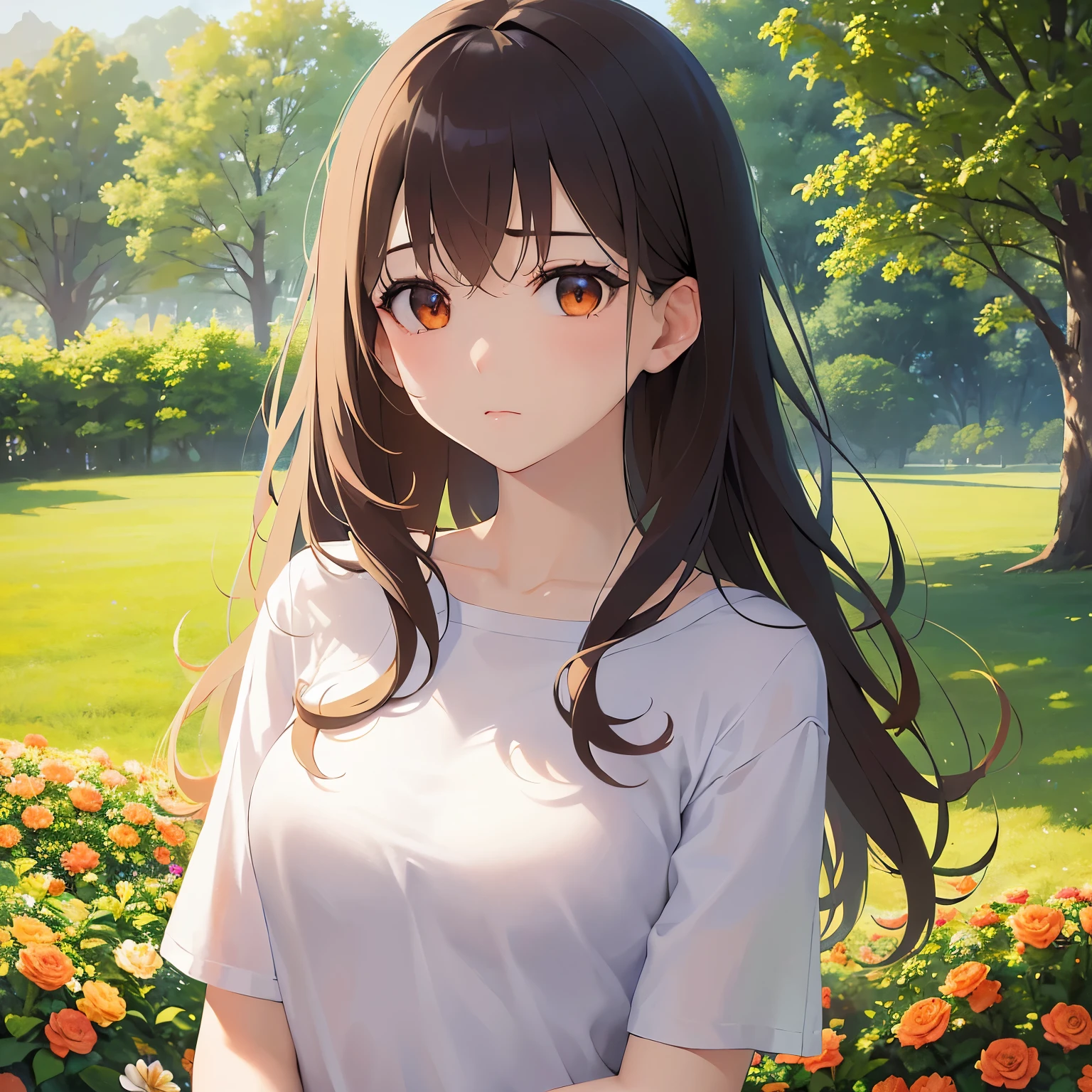 ultra quality, ultra highres, ultra detailed, high quality、Masterpiece、Shooting from above、Hands clasped、looking up, Upper body, Realistic, real person, (pale skin: 1.2), RAW photo, photorealistic, shiny skin, shiny hair、(25 year old woman with bangs) and (wavy hair) and (brown hair) and (orange eyes) , (White T-shirt) and (Floral patterns)、(sad:1.3), The background is a park、Alone、Are standing