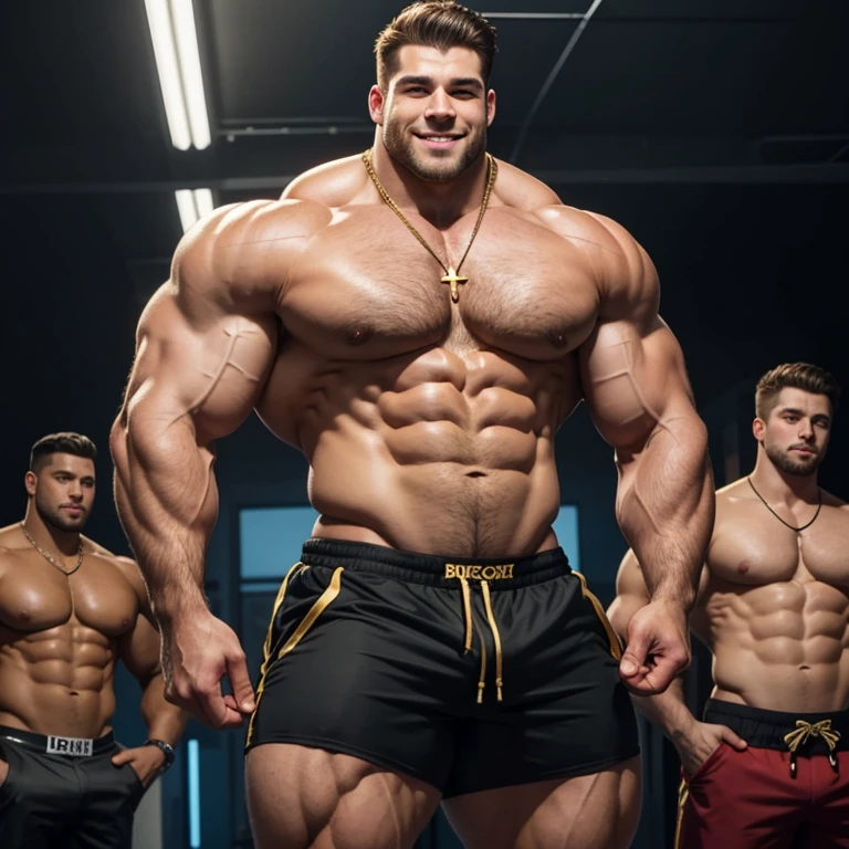 Whole body image of an sweet cute and smiling Absolute gorilla of a Caucasian bodybuilder, very handsome, is flexing his huge bicep muscles and meaty thighs. Huge huge shoulders and very narrow waist. he is as broad as he is tall. 20 years old. powerfully muscled, massive shoulders and biceps. Stunningly handsome well-defined six pack. Exceptionally thick gold cross necklace. Big bulge in his shorts. He has his two caucasian 20-year old friends standing beside him.