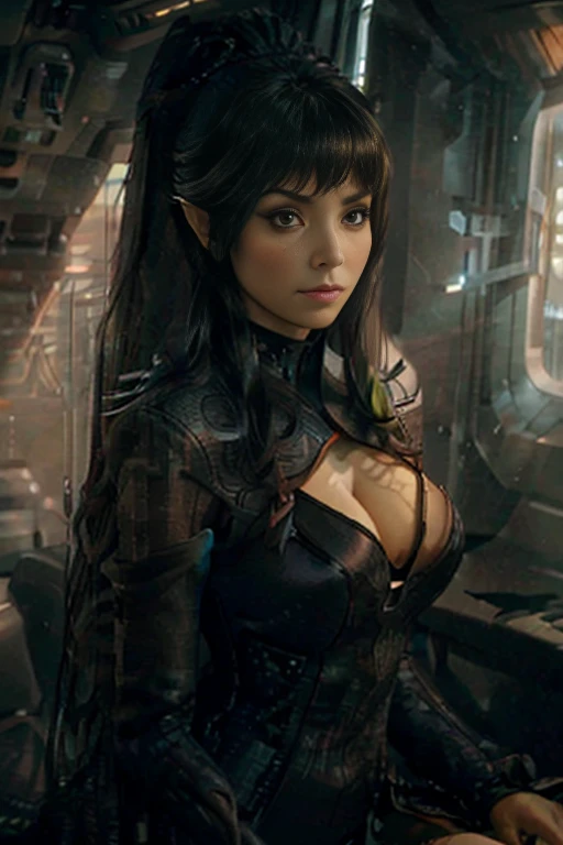((Top Quality、16K、masterpiece:1.3))、a tall and beautiful woman、Perfect Figure:1.4、(retro futuristic aesthetic) Slim Abs、vulcan girl (from star trek) solo, very red hair、60s hairstyle (with hair bangs)、long pointed ears, small eyebrows, No postural movement、Stand up straight、Huge bust、Highly detailed facial and skin texture、(A detailed eye, Symmetry Eyes, Clear realistic eyes, Double eyelidd、Cold-stricken face、Symmetrical face), very tanned green skin (illuminated, realistic shading sound), goth makeup, Royal sisters full of fans、The Telegraph Esbian、peach buttocks、(black futuristic Dress, Very Tight Knit), cleavage, squart、(Raw foto:1.2)、((Photorealcitic:1.4))Top Quality、masterpiece、Real Photography、very delicate and beautiful.、super detailed CG、Unity、8K photo wallpaper、delicate detail、best qualtiy、Highly detailed CG unity 8k wallpaper、absurderes、Incredibly Absurd、huge file size、extremely highly detailed、Hight Resolution、ighly Details、Beautiful detail girl、extremely detailed eyes and face、beautiful delicate eyes、Facial light、cinematic lightings、(big hips, thick thighs, beautiful legs, black pantyhose) 1girll、see -through,Watch your audience, Plane Air, high ponytail、ulzzang-6500、The Telegraph Esbian, different poses at different angles,