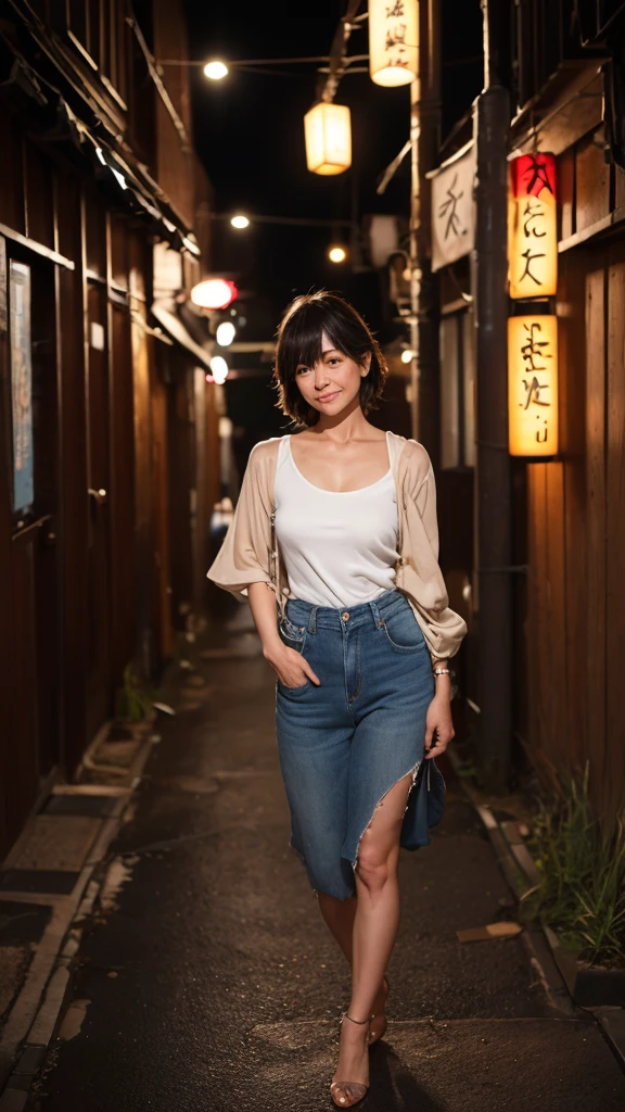 (Beautiful woman, high resolution, wallpaper 8K screen, highest quality, real, ultra-definition, exquisite and perfect dynamic composition, (Japanese mature woman walking in the alley at the end of the street), (Shinjuku Golden Gai at night: 1.4), (Precise background ), (casual outfit: 1.4), (60 years old), (Realistic skin texture), (Fine wrinkles on the entire skin: 1.3), (Dull skin: 1.1), (Skin without moisture: 1.2) , (Face wrinkles: 0.9), (Wrinkles at the corners of the eyes: 1.2), Double eyelids, tear bags on the lower eyelid, Serious expression, Straight gaze, (Dimples: 1.2), Dark and beautiful eyes, Look at me Good for short bangs, natural hair movement, high heels, glamorous body, (full body portrait: 1.4),