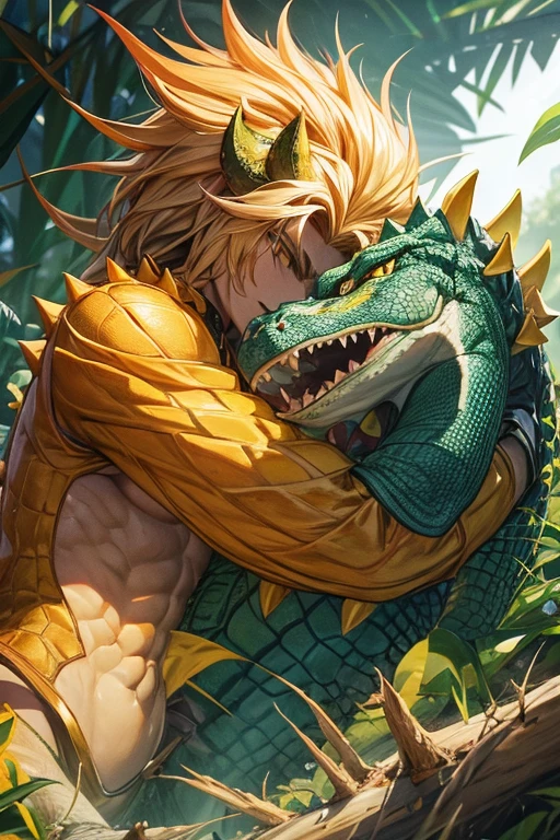 crocodile with yellow scales, lion's mane with thorns on the body