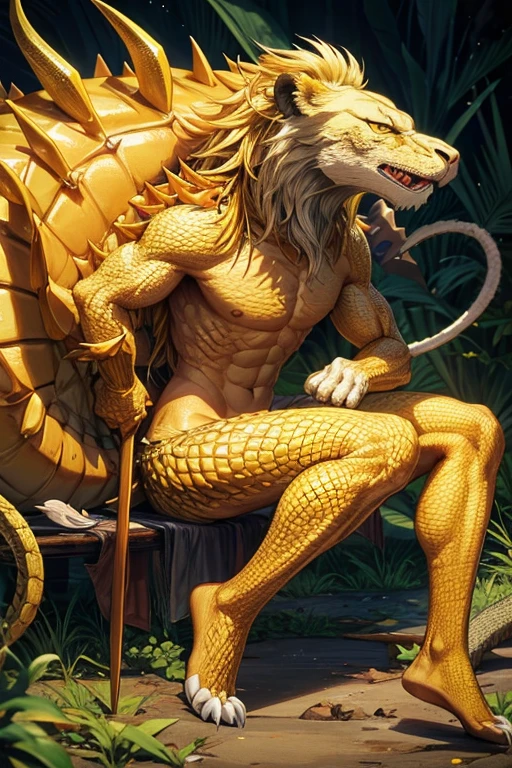 crocodile with yellow scales, lion's mane with thorns on the body