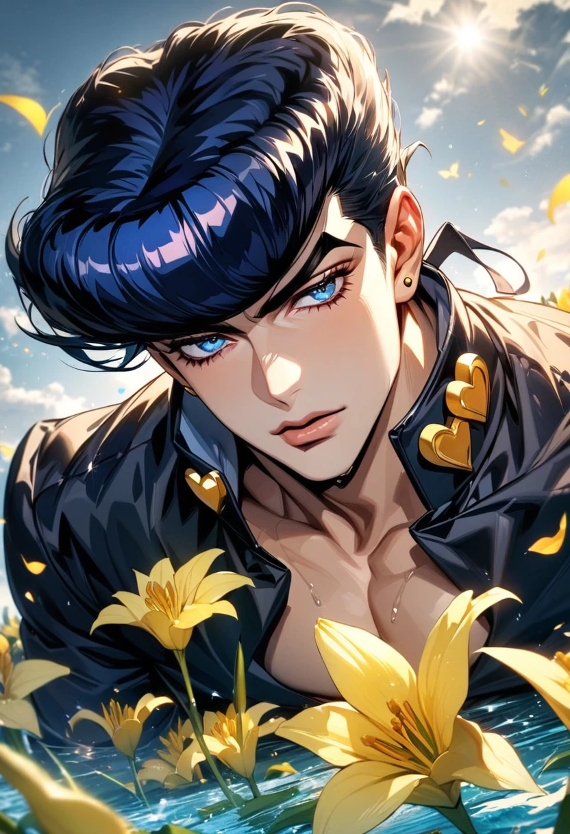 absurdres, highres, ultra detailed, HDR, master piece, best quality, Josuke Higashikata, dark blue hair, expressive blue eyes, jojo bizarre adventure, solo, sexy man, handsome, black clothes, water, yellow butterflies, yellow lilies, petals