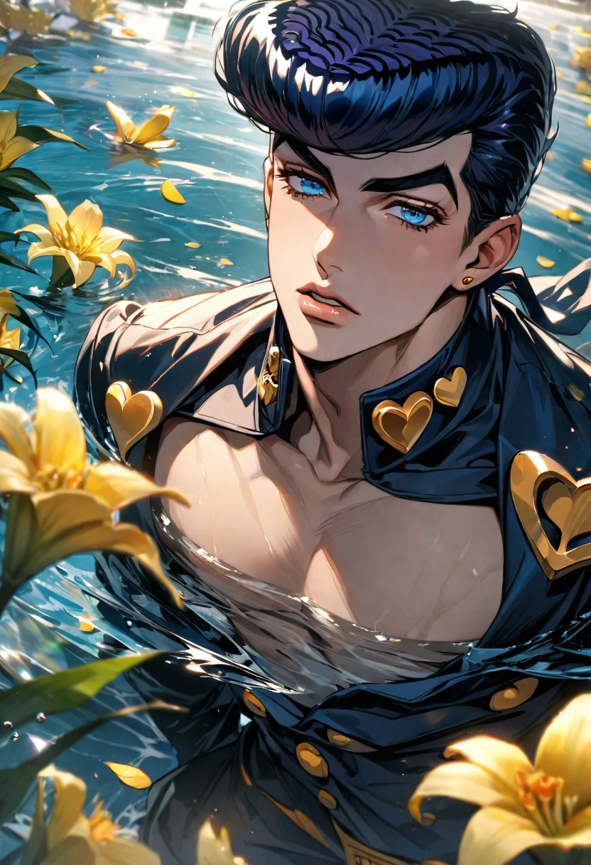 absurdres, highres, ultra detailed, HDR, master piece, best quality, Josuke Higashikata, dark blue hair, expressive blue eyes, jojo bizarre adventure, solo, sexy man, handsome, black clothes, water, yellow butterflies, yellow lilies, petals
