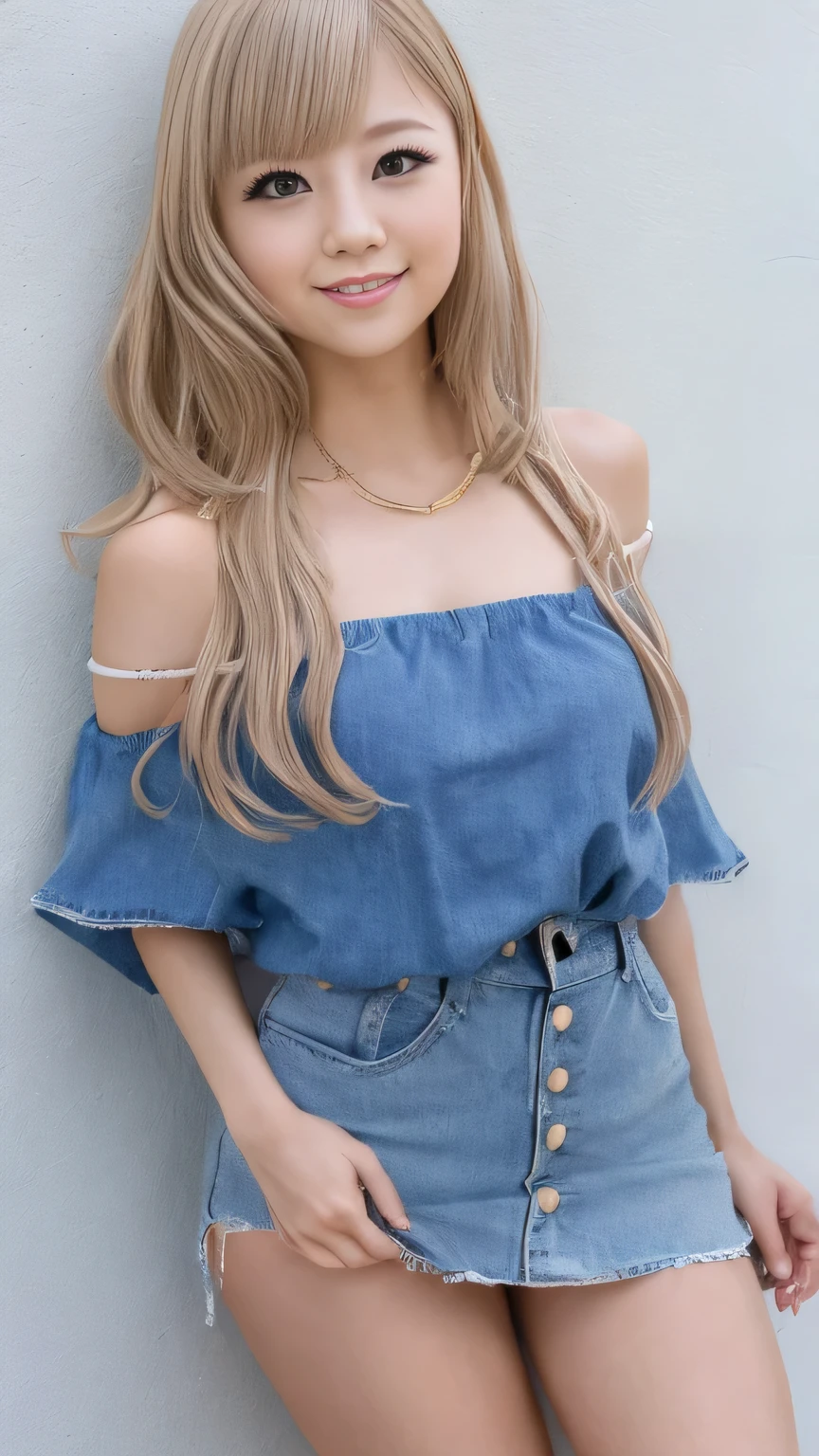 Browsing Caution、throw、Photorealistic perfect body、super high quality、Ultra HD、Japanese、15 years old、(lolita girl:1.5)、、(White off-shoulder:1.3)、(Denim mini skirt:1.1)、bow tie、(Accentuate your thighs:1.5)、、(smile:1.2)、blonde、(Bumpy Hair/Bouffant/big Bouffant:1.2)、、(Gal-style dense shadow eyeliner:1.2)、(Long False Eyelashes:1.1)、Gal-style makeup、 、、、 Cowboy Shot、Looking at the camera、garden、、