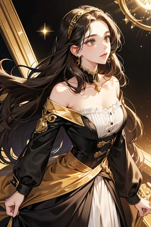 She has shoulder length brown wavy hair, and some hair falls over her forehead and parts into two ways. She wears a black hairband and gold earrings. Her signature outfit is a black dress with a white collar, with a gold brooch just below her neckline, and a silver belt. SPARKLE; GLITTER
